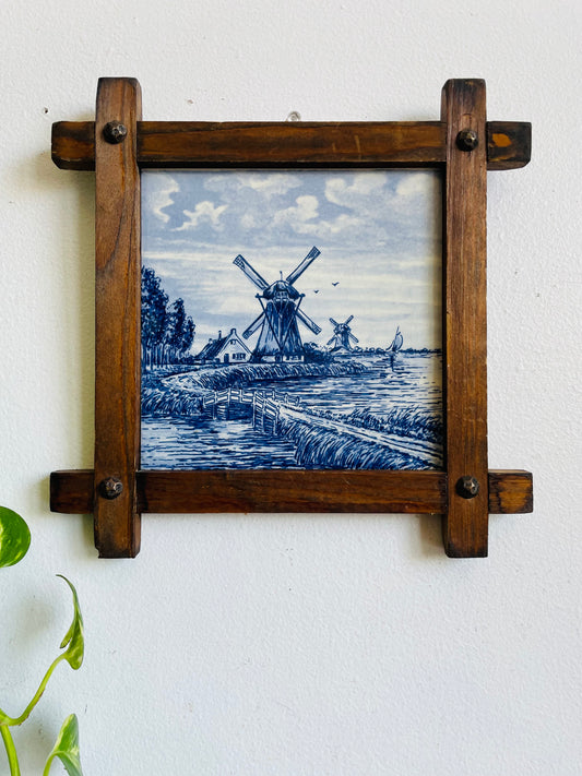 Vintage Delft Blue Hand-Painted Dutch Windmill Scene Wall Hanging Tile in Wood Frame - Made in Holland