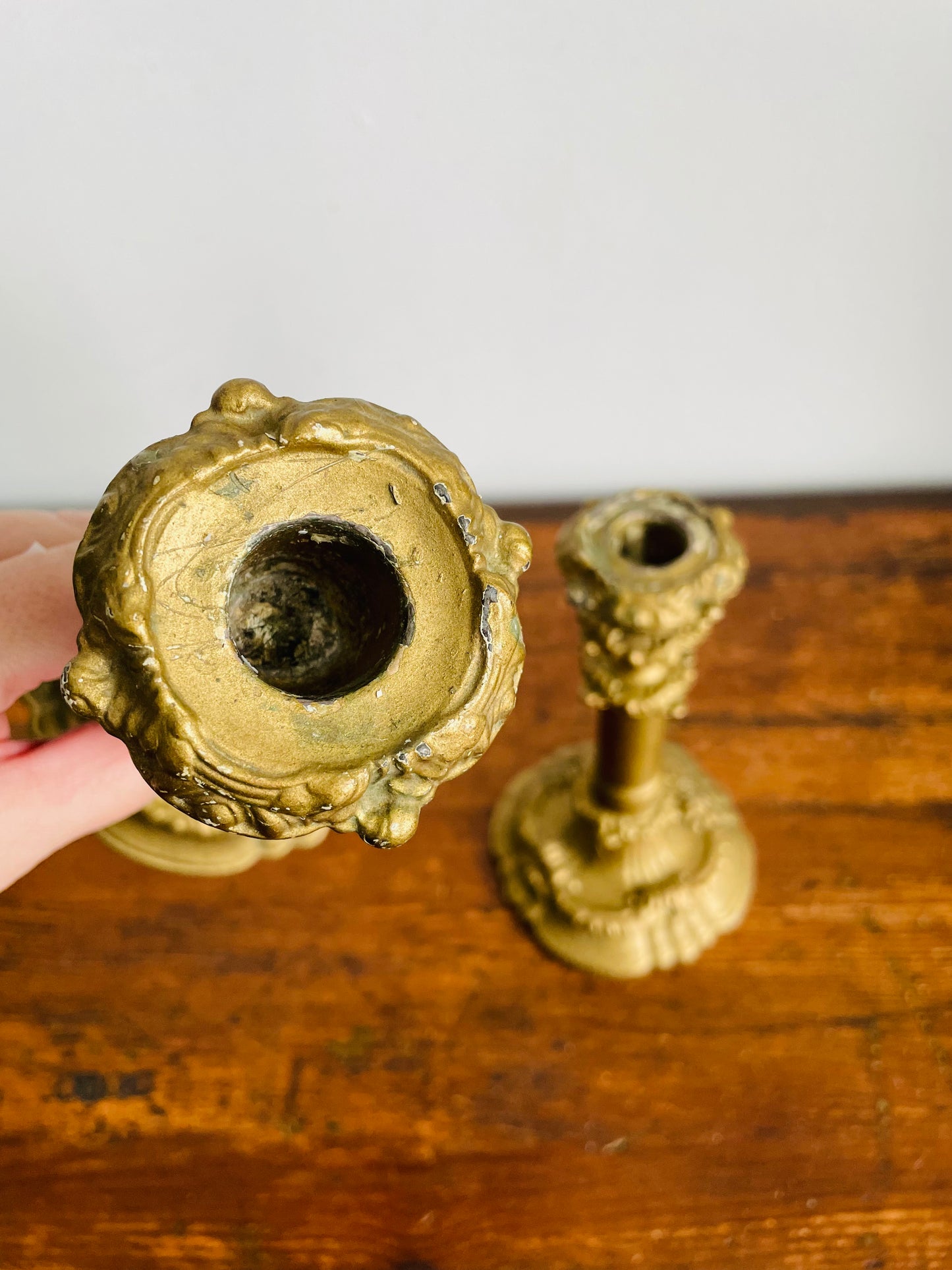 Vintage / Possibly Antique Iron Candle Holders with Plaster & Gold Finish - Very Sturdy & Solid - Set of 2