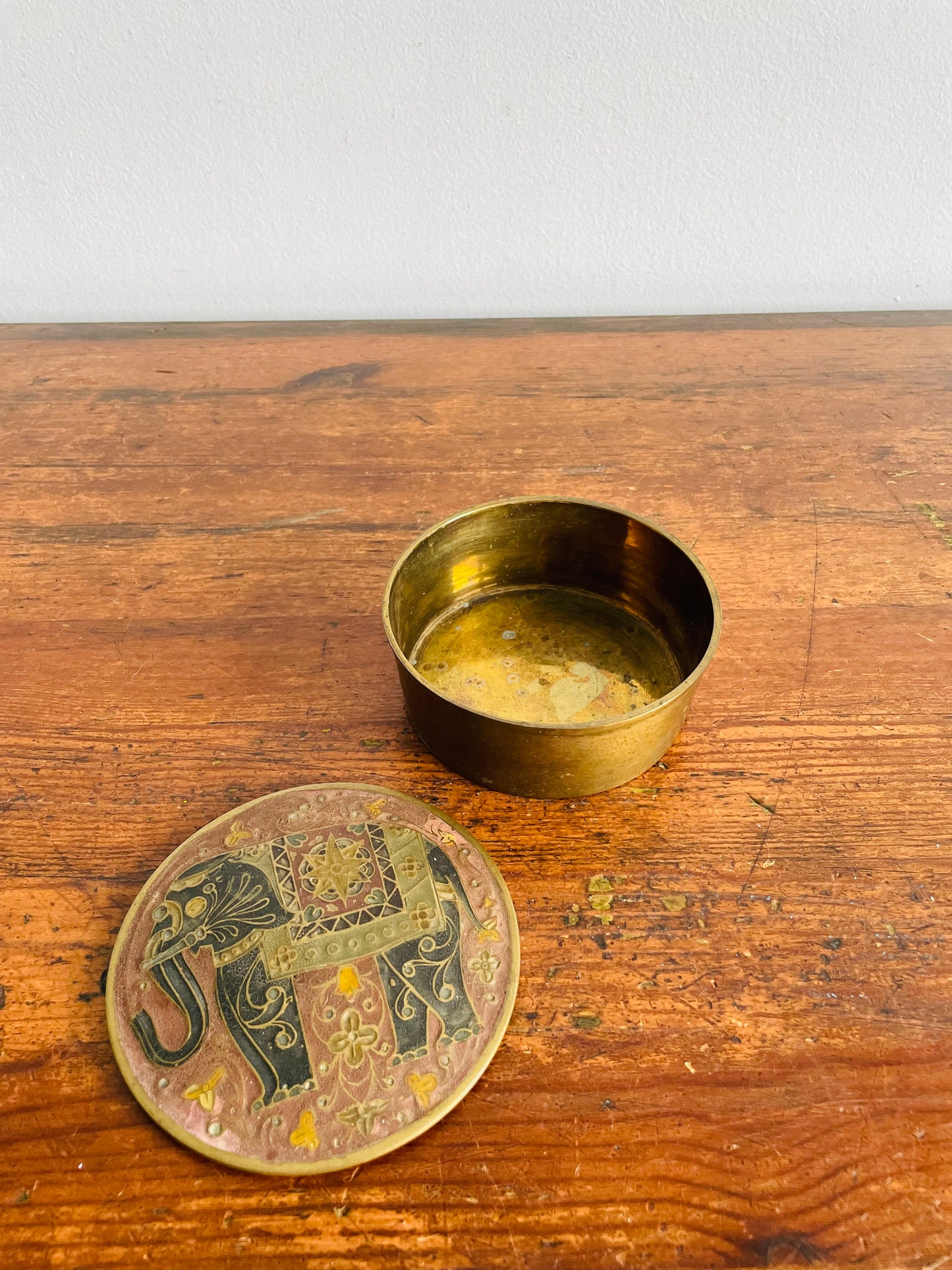 Enamelled Brass Round Trinket Box with Lid & Ornate Elephant Trunk Up Design