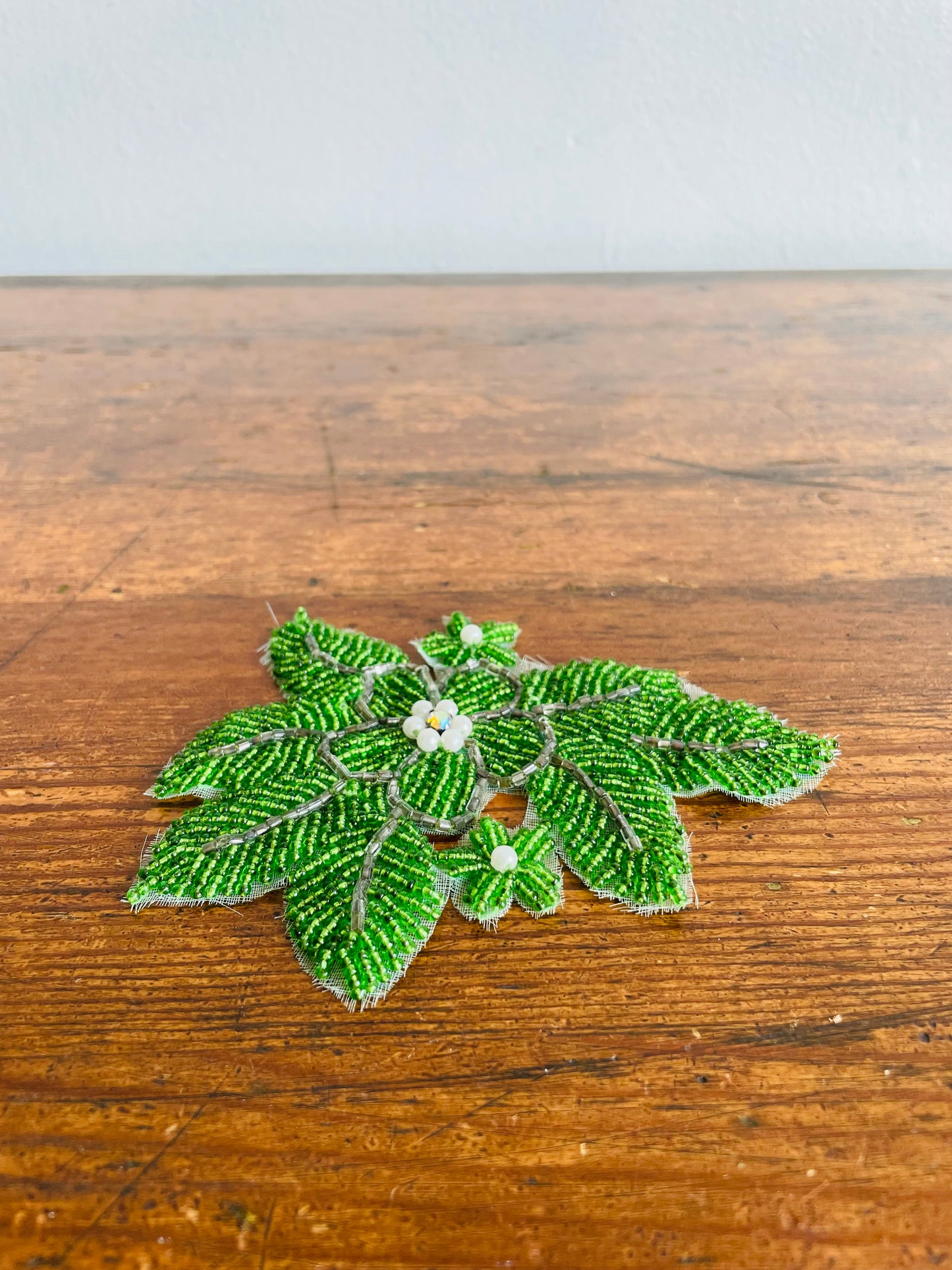 Handmade Green Flower Beaded Appliqué Patch