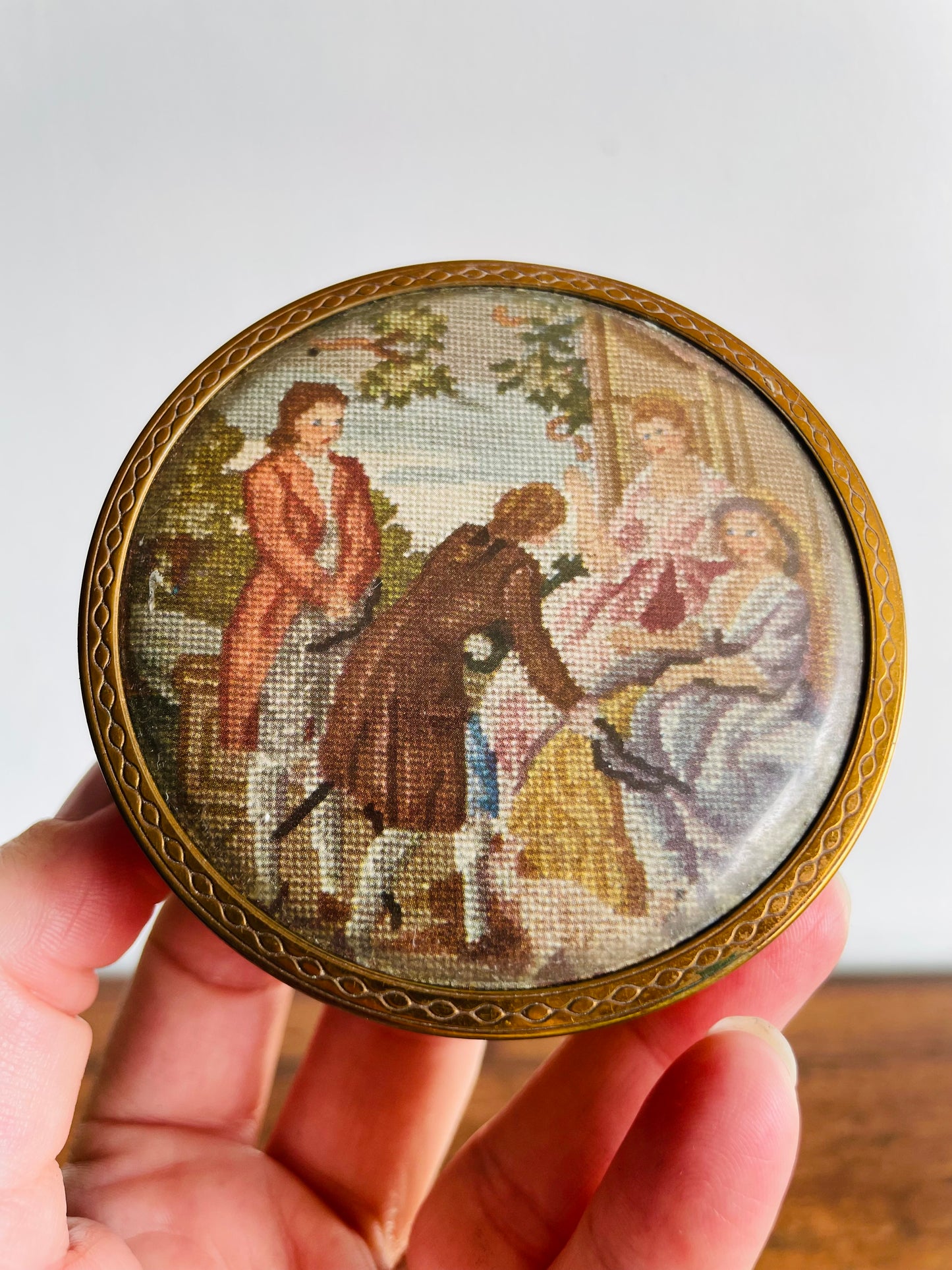 Footed Petit Point Embroidery Round Brass Trinket or Jewellery Box with Mirror Inside