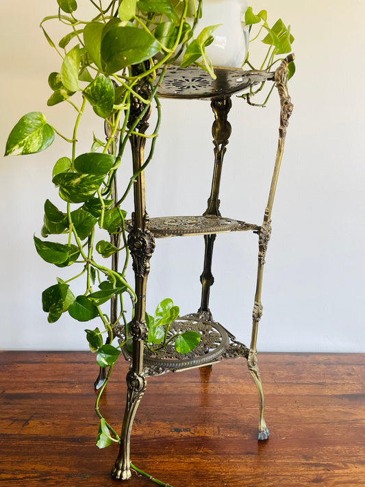 Solid Brass Plant Stand or Shelf with Ornate Details & Claw Feet - Made in Italy