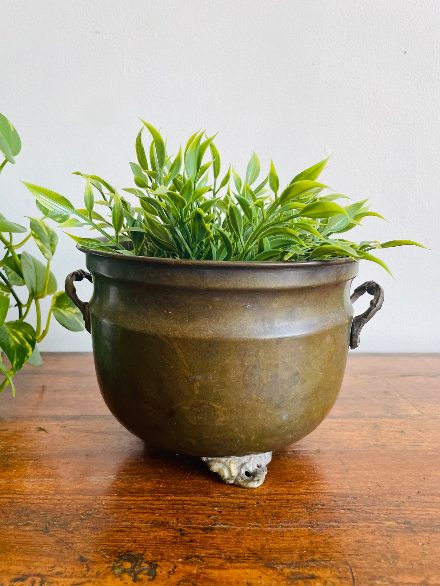 Vintage Solid Brass Footed 7" Planter Pot with Handles & Dark Patina