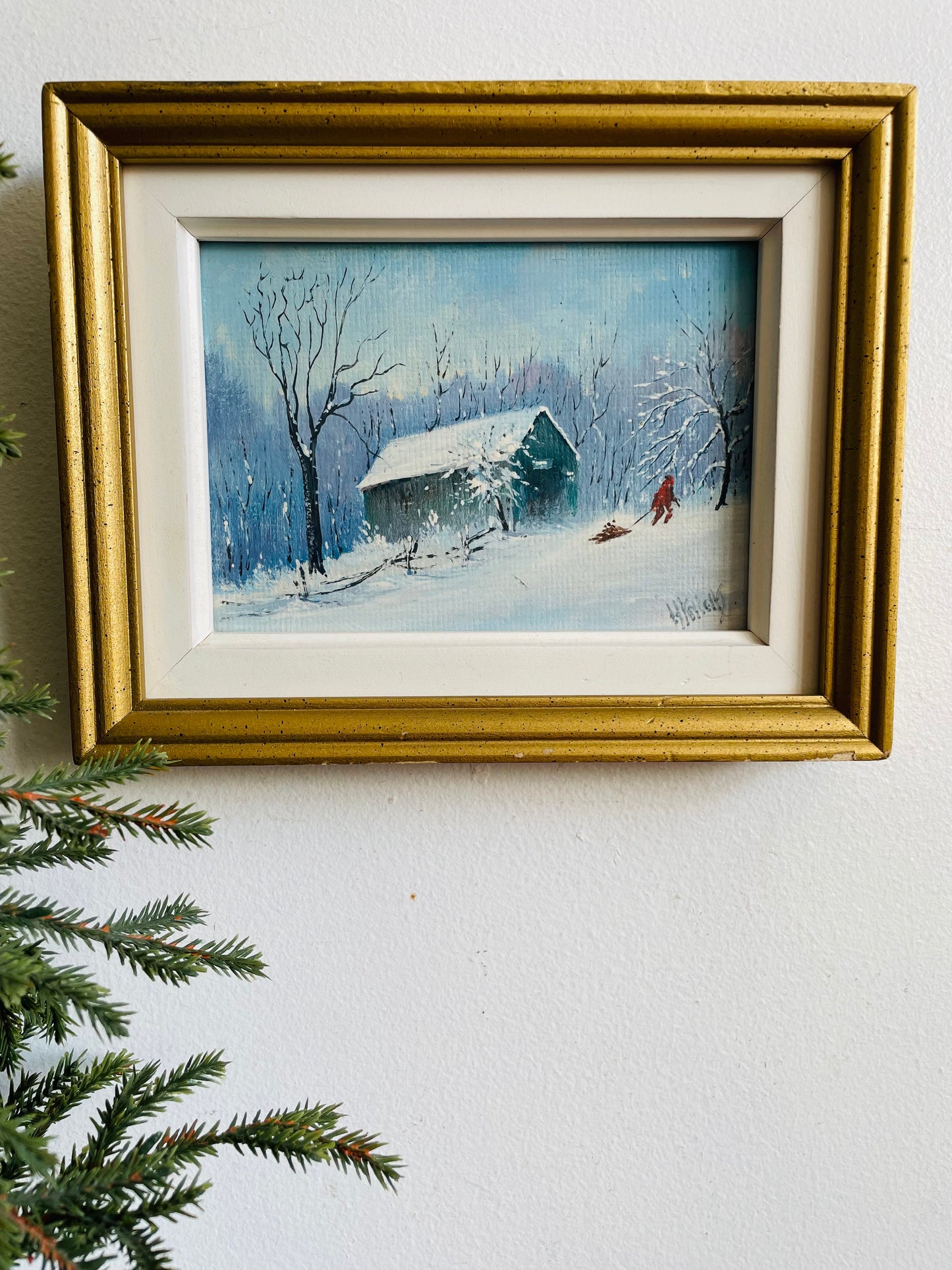 Vintage 1984 Original Art Painting of Child Pulling Sled with Chopped Wood Through Snow - "Painted by Harold Knight in my 89th Year"