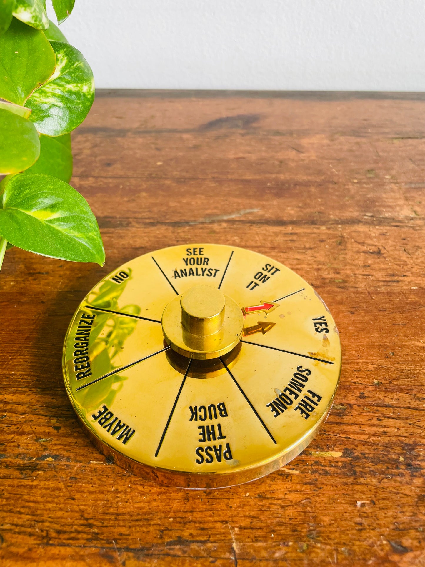 Vintage Brass Executive Decision Maker Desk Toy Paperweight - Made in Hong Kong - Spin the Arrow to Help You Decide!