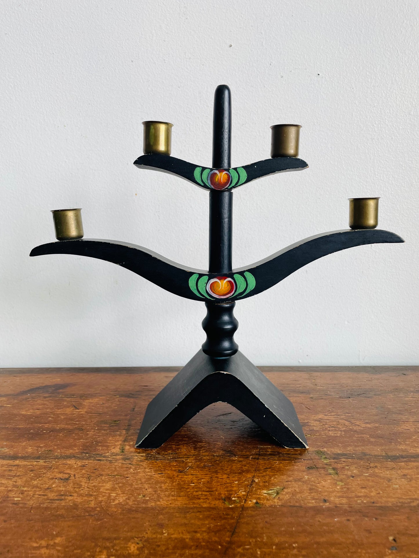Vintage Scandinavian Folk Art Black Wood & Brass Cup Four Branch Candelabra Candle Holder with Painted Flower Design