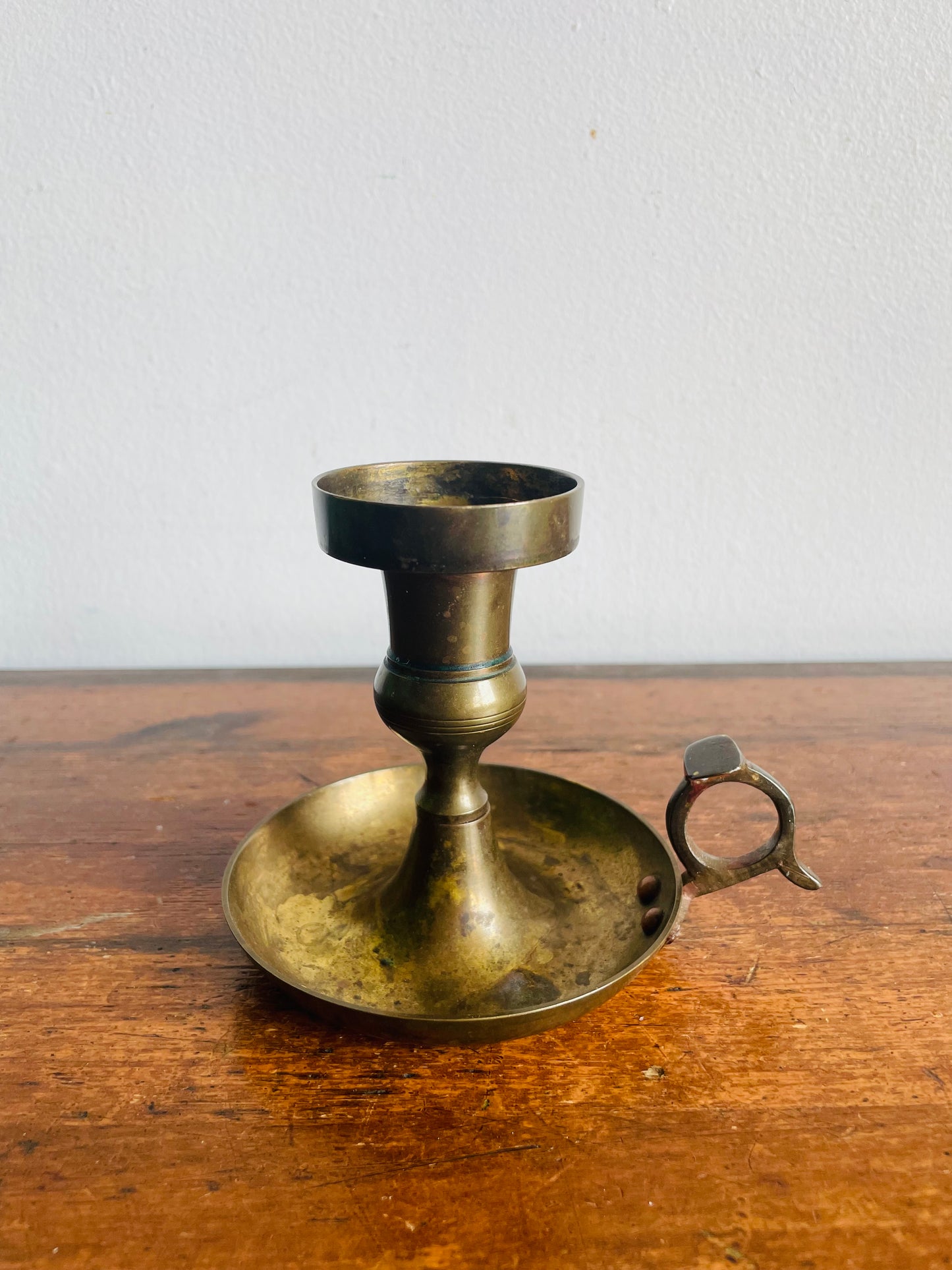 Vintage Solid Brass Chamberstick Candle Holder with Aged Patina