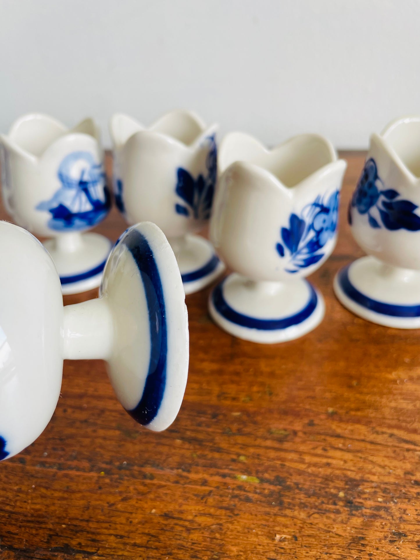 Vintage Hand Painted Delft Blue Tulip Shaped Egg Cup Holders with Flower & Windmill Design - Set of 6
