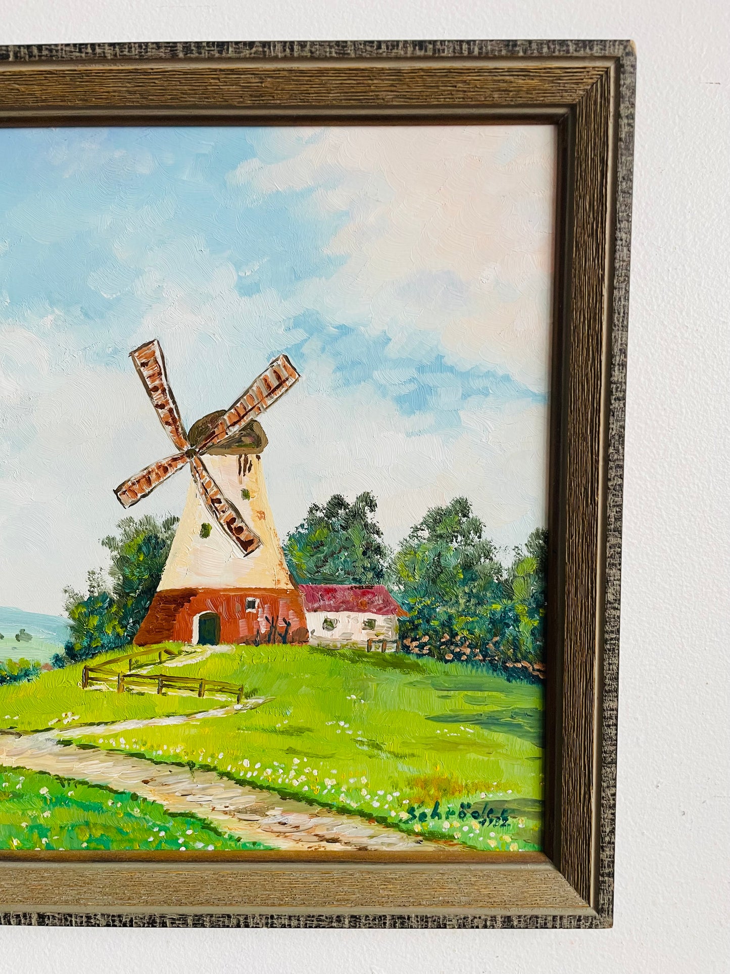 Vintage 1982 Original Art Painting of Dutch Countryside Scene - Green Grass Meadow & Windmill Cottage - Artist Signed