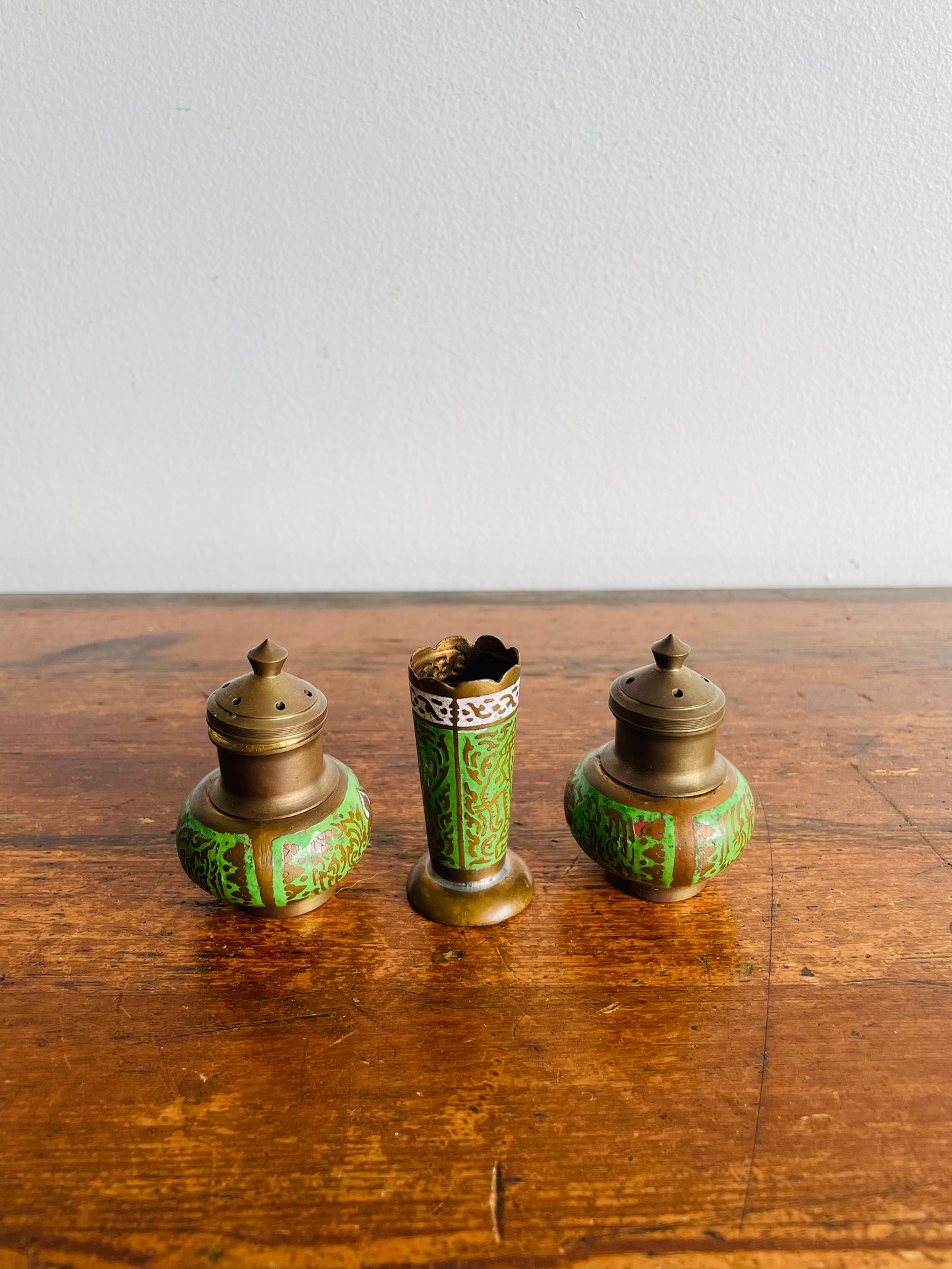 Brass & Enamel Table Set - Salt Shaker, Pepper Shaker, Toothpick Holder & Tray - Set of 4 Pieces