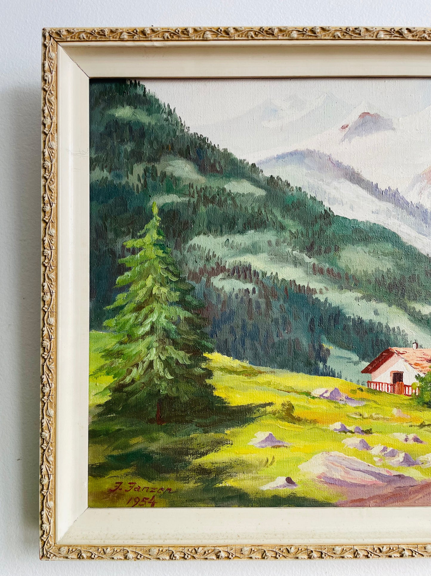 Vintage 1954 Original Art Painting Picture - Swiss Alps Mountain Scene with House & Woman Walking with Little Girl - Artist Signed