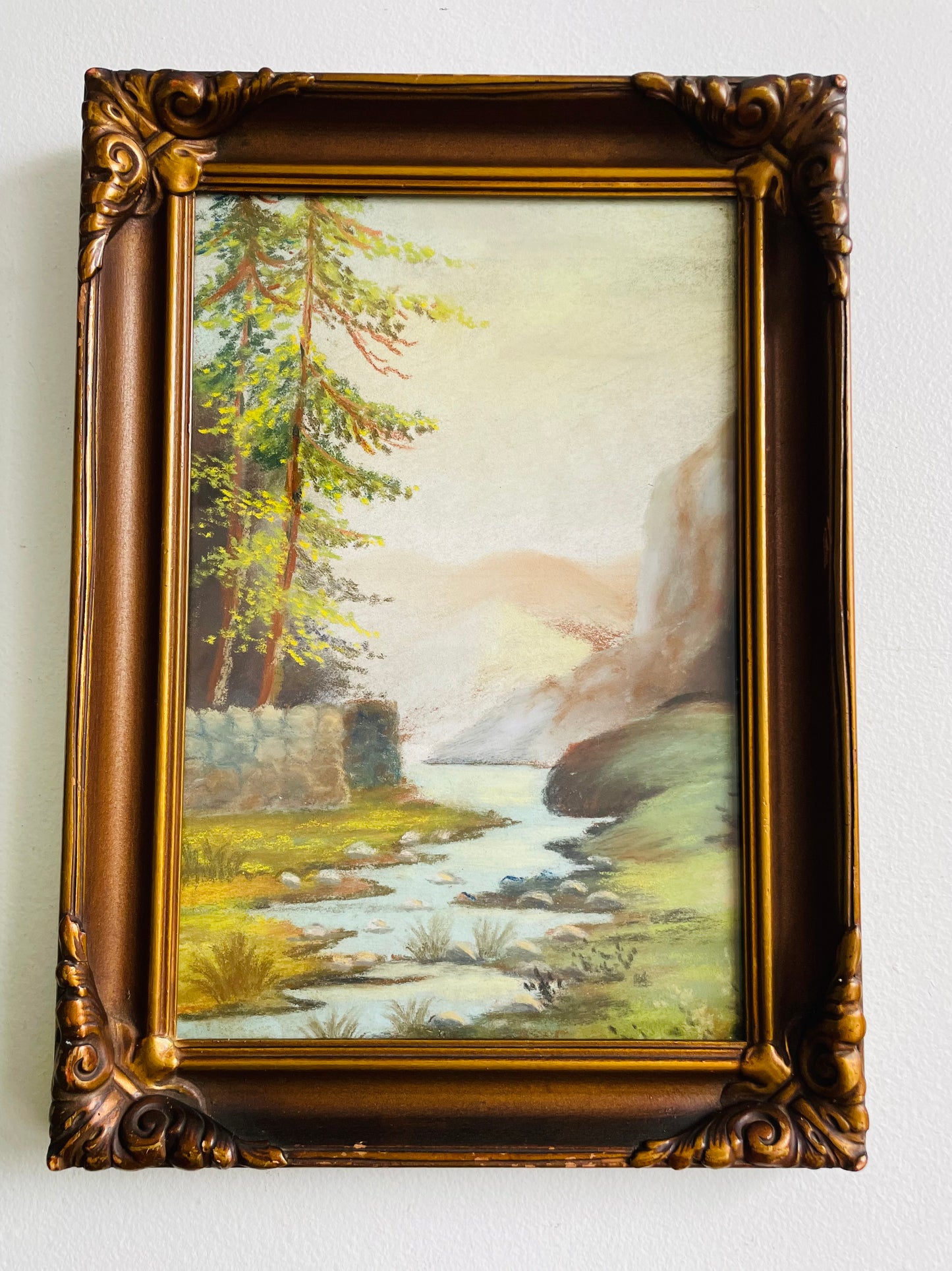 Antique Pastel Painting Picture in Ornate Frame - Landscape Nature Scene of Mountains, Forest & Stream