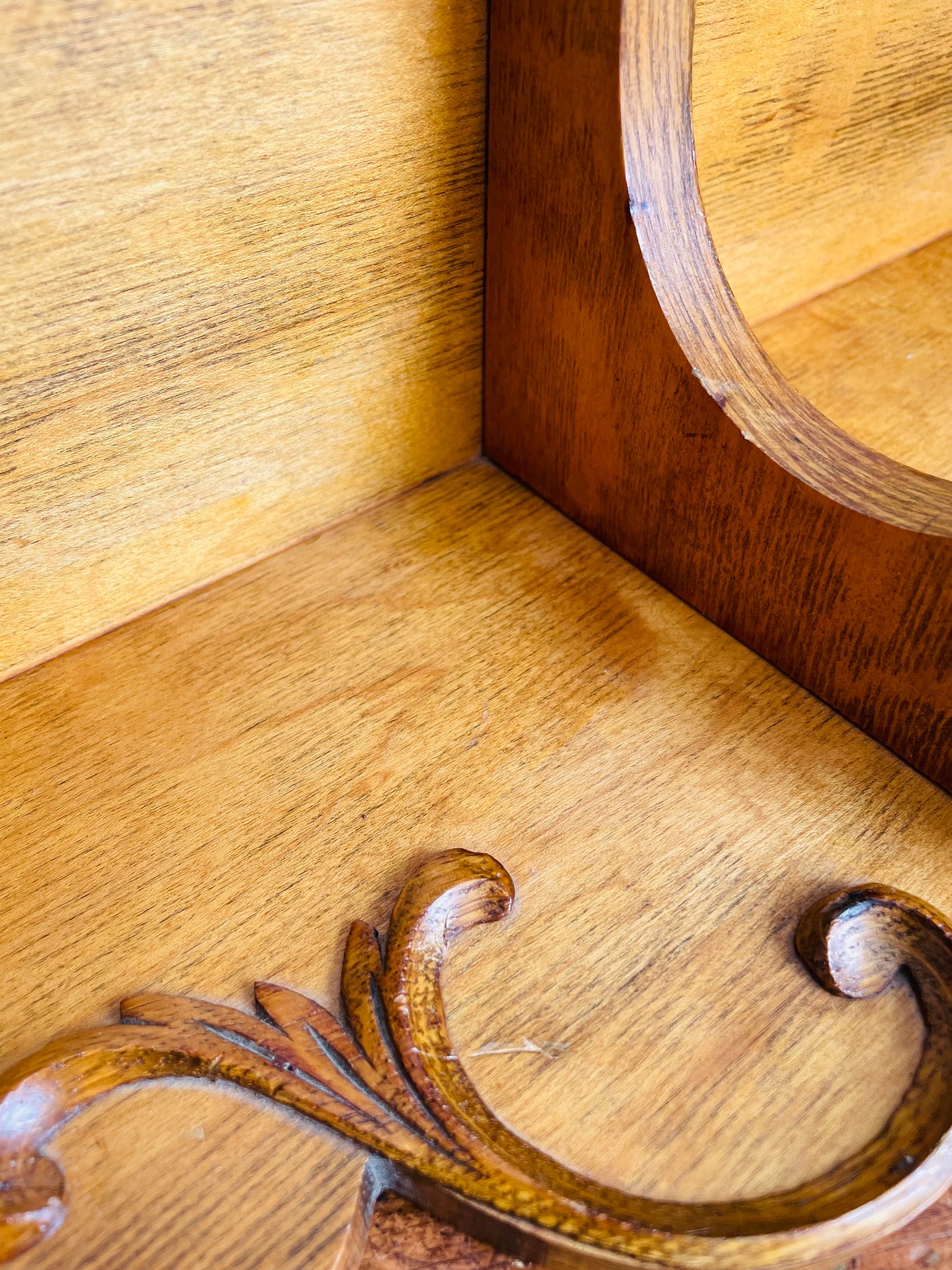 Vintage Solid Oak Wood Wall Hanging Shelf with Raised Scroll Design