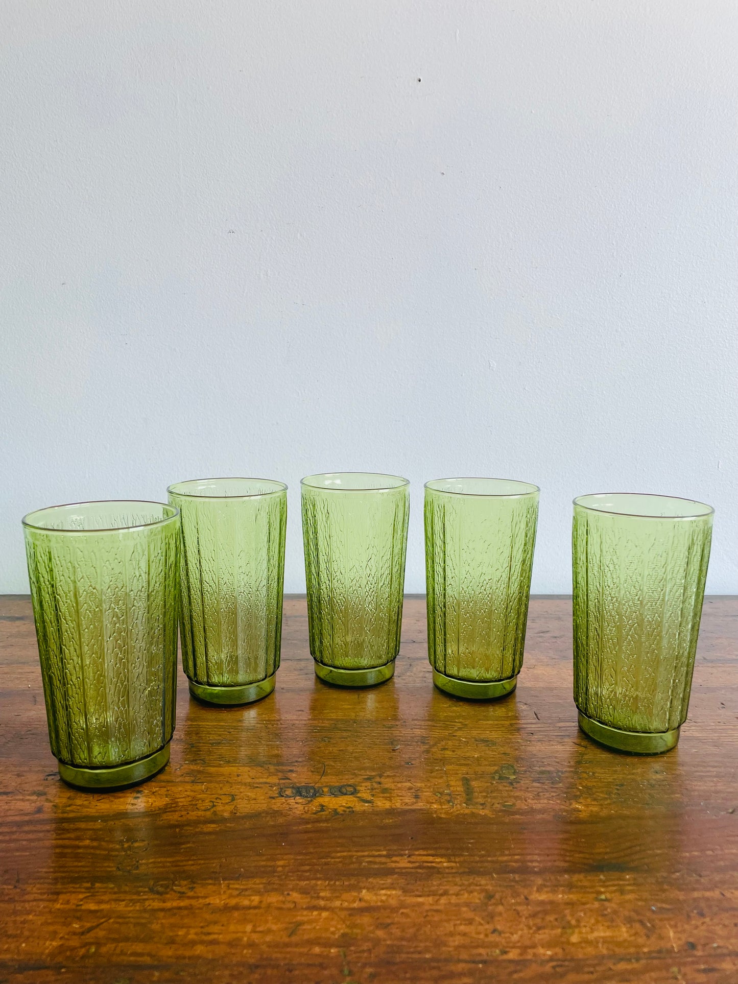 Anchor Hocking Sprucewood Green Reeded Glass Drink Tumblers - Set of 5 Glasses