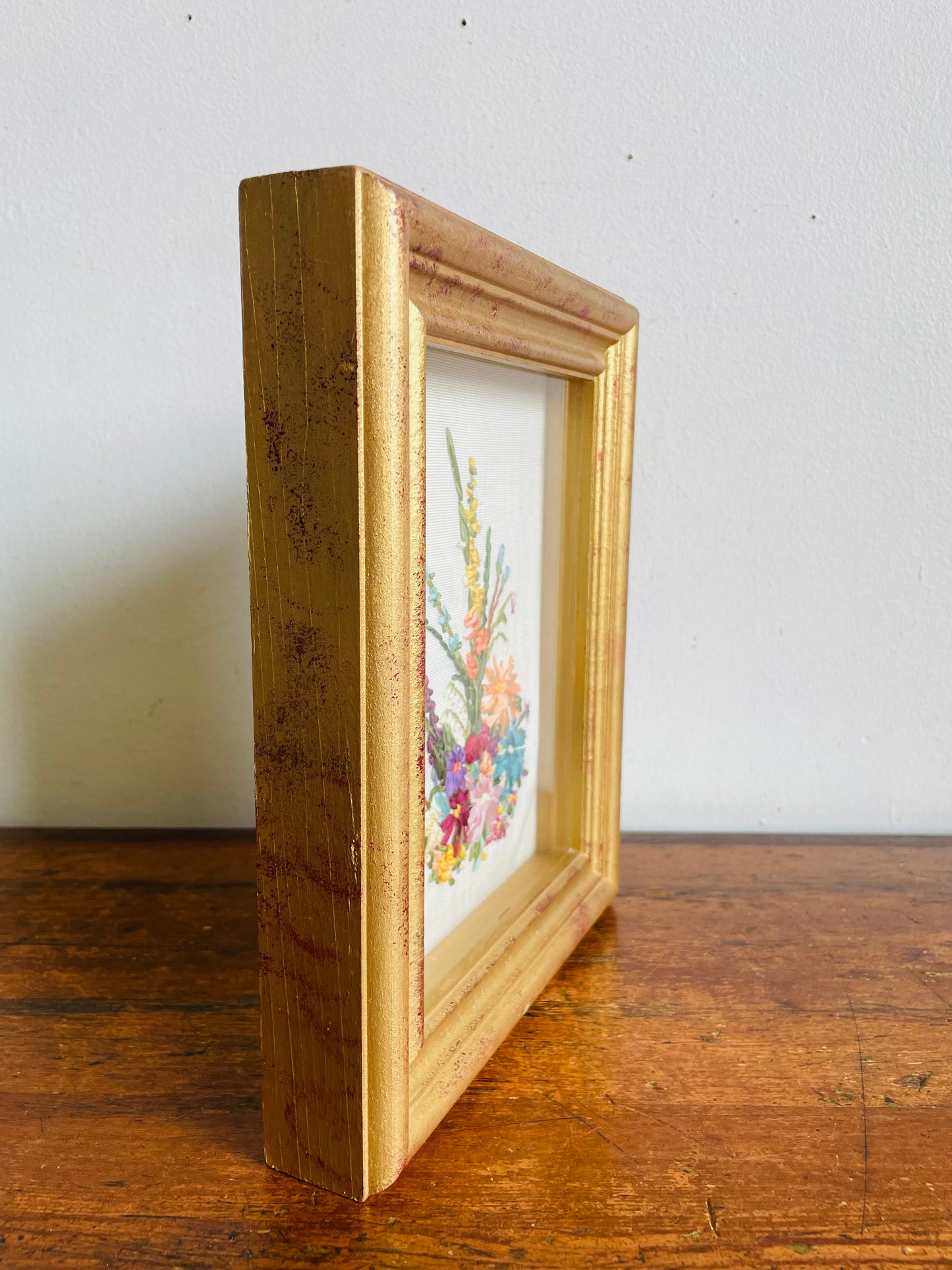 Vintage Needlepoint Crewel Silk Ribbon Embroidery Picture of Flowers in Gold Shadowbox Frame