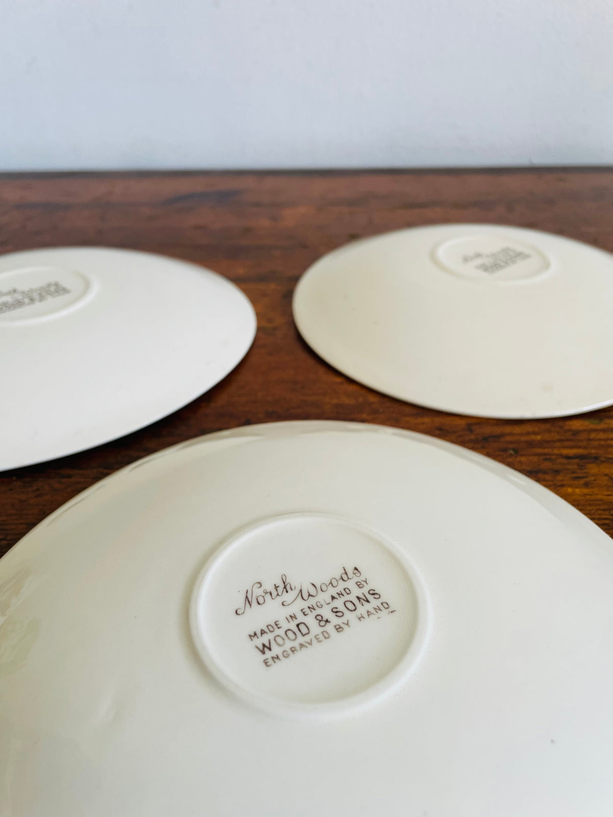 Vintage Wood & Sons "North Woods" Pattern Saucer Plates with Pinecone Design - Engraved by Hand - Made in England - Set of 3