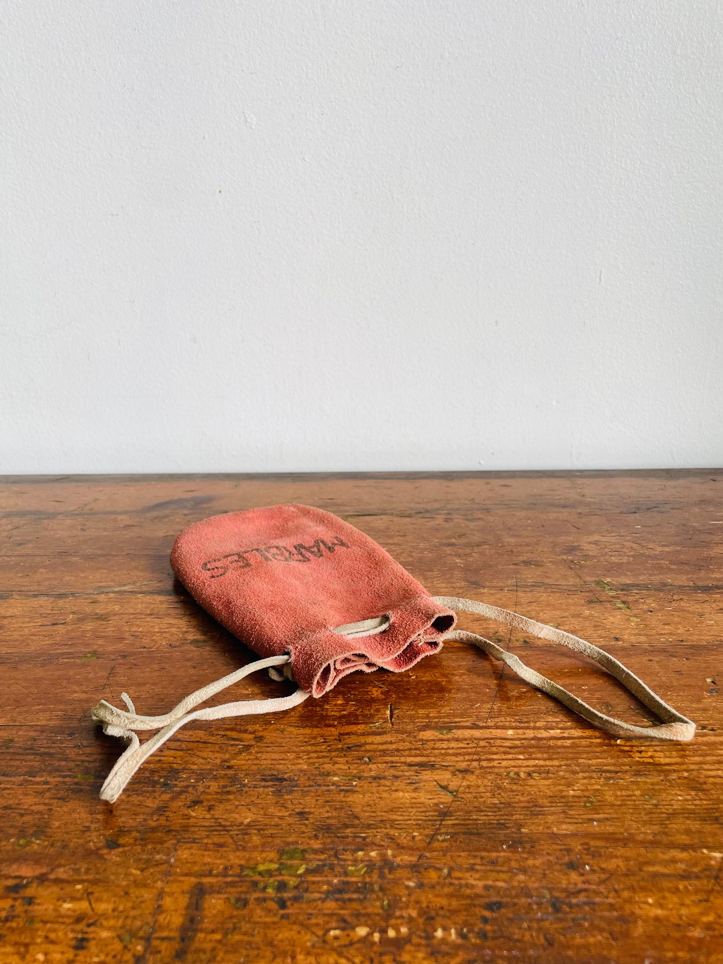 Vintage Faded Red Leather Drawstring Pouch Bag for Marbles