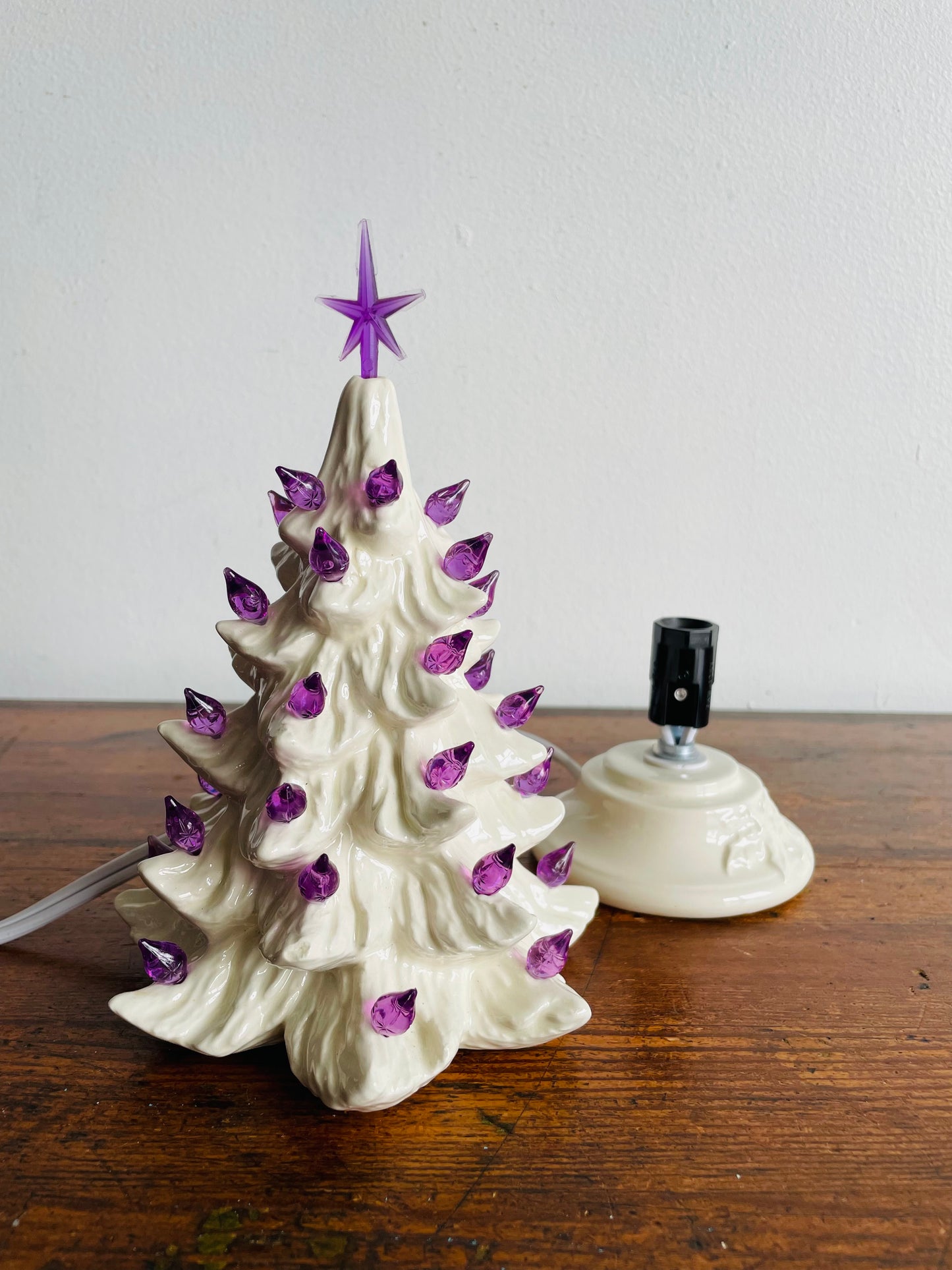 Miniature White Ceramic Light Up Christmas Tree with Purple Bulbs & Star (2005)