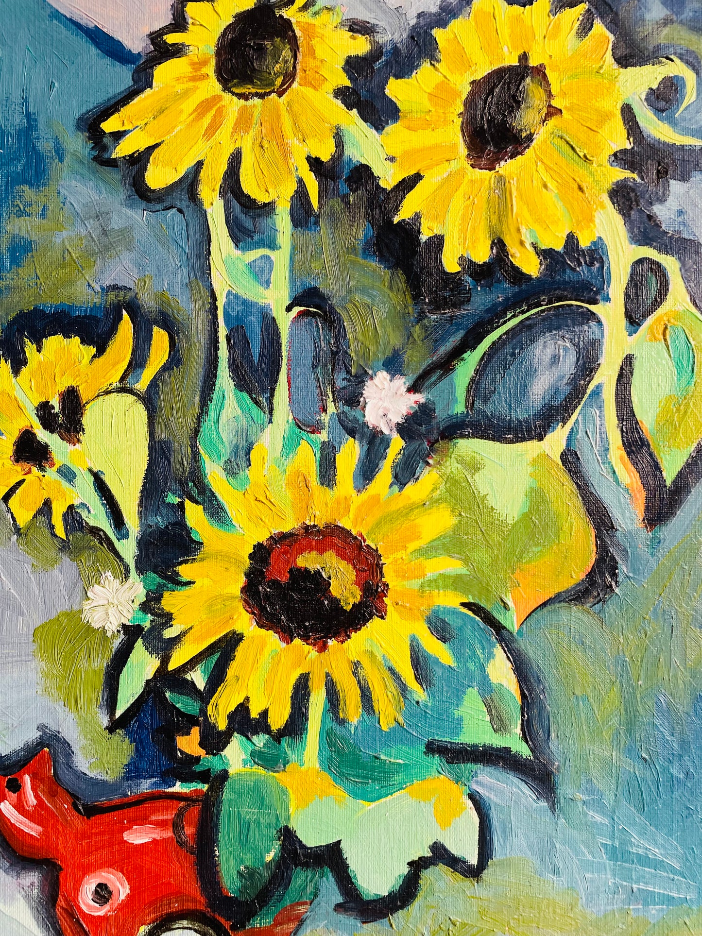 Vintage 1997 Sunflower Garden & Cat Abstract Original Art Painting on Canvas - Artist Signed A. James