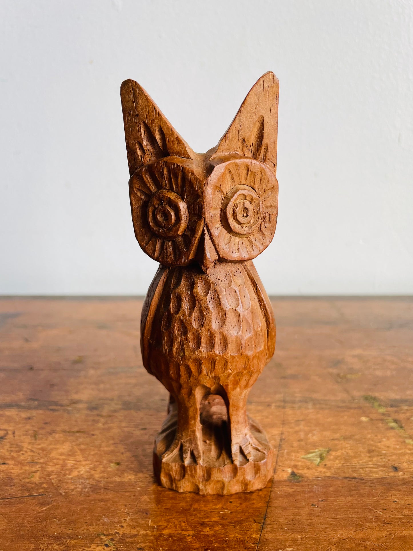 Vintage Mid-Century Modern Hand Carved Wood Owl Statue Figurine with Big Eyes
