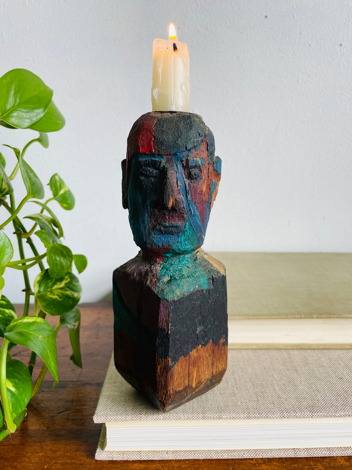 Vintage Hand Carved & Painted Wood Sculptural Head Figure Candle Holder - Found in the Workshop of Fort Erie Artist Estate