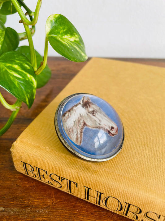 Vintage / Possibly Antique Domed Glass & Metal Horse Head Bridle Rosette with Blue Background