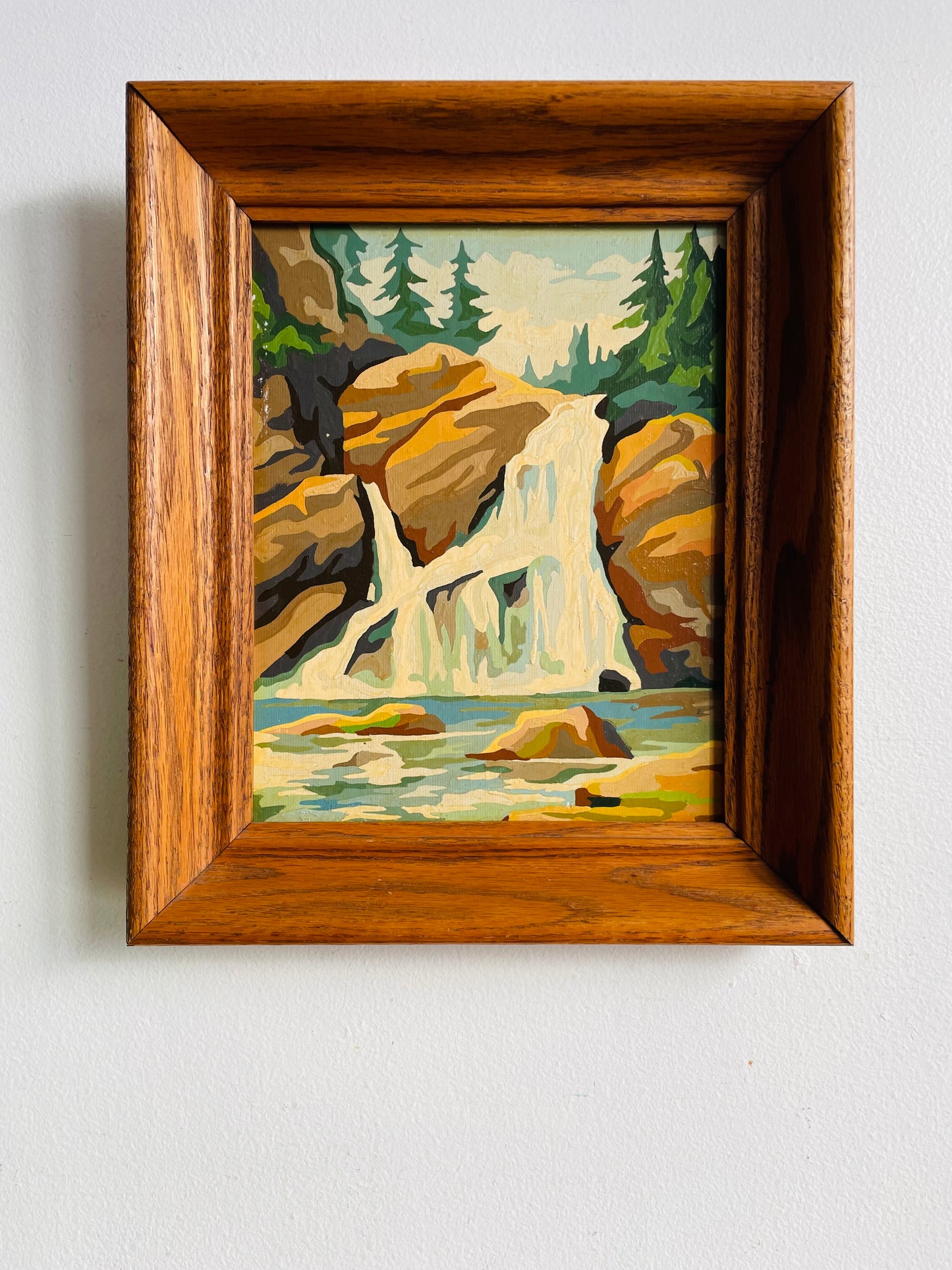 Vintage 1960s Paint by Number (PBN) Picture of Waterfall Forest Scene in Wood Frame