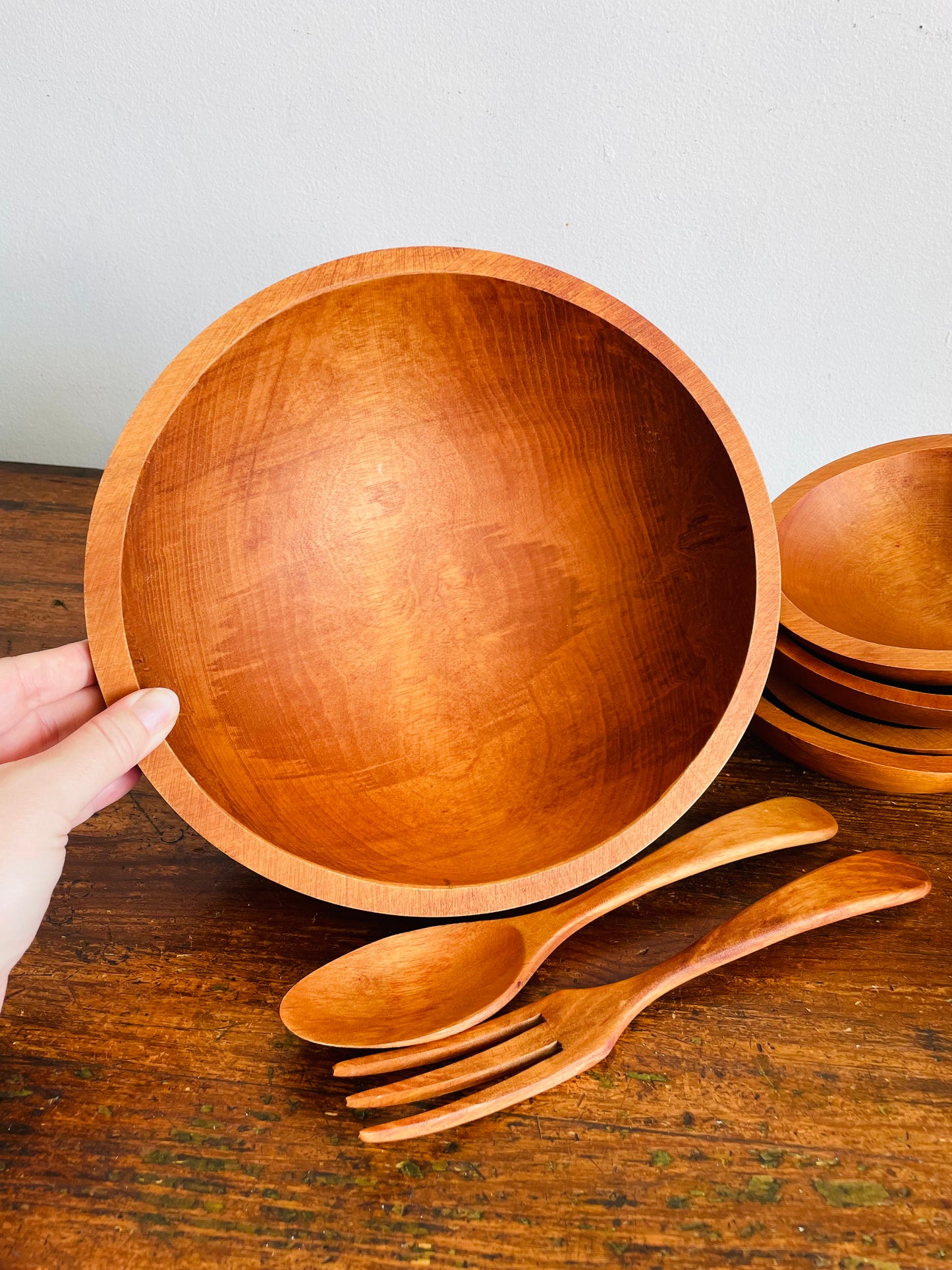 Vintage Brand New in Box Baribocraft / Lesko Baribo Maid Wooden Salad Serving Bowl Set with Utensils - Made in Quebec, Canada - Set of 7 Pieces