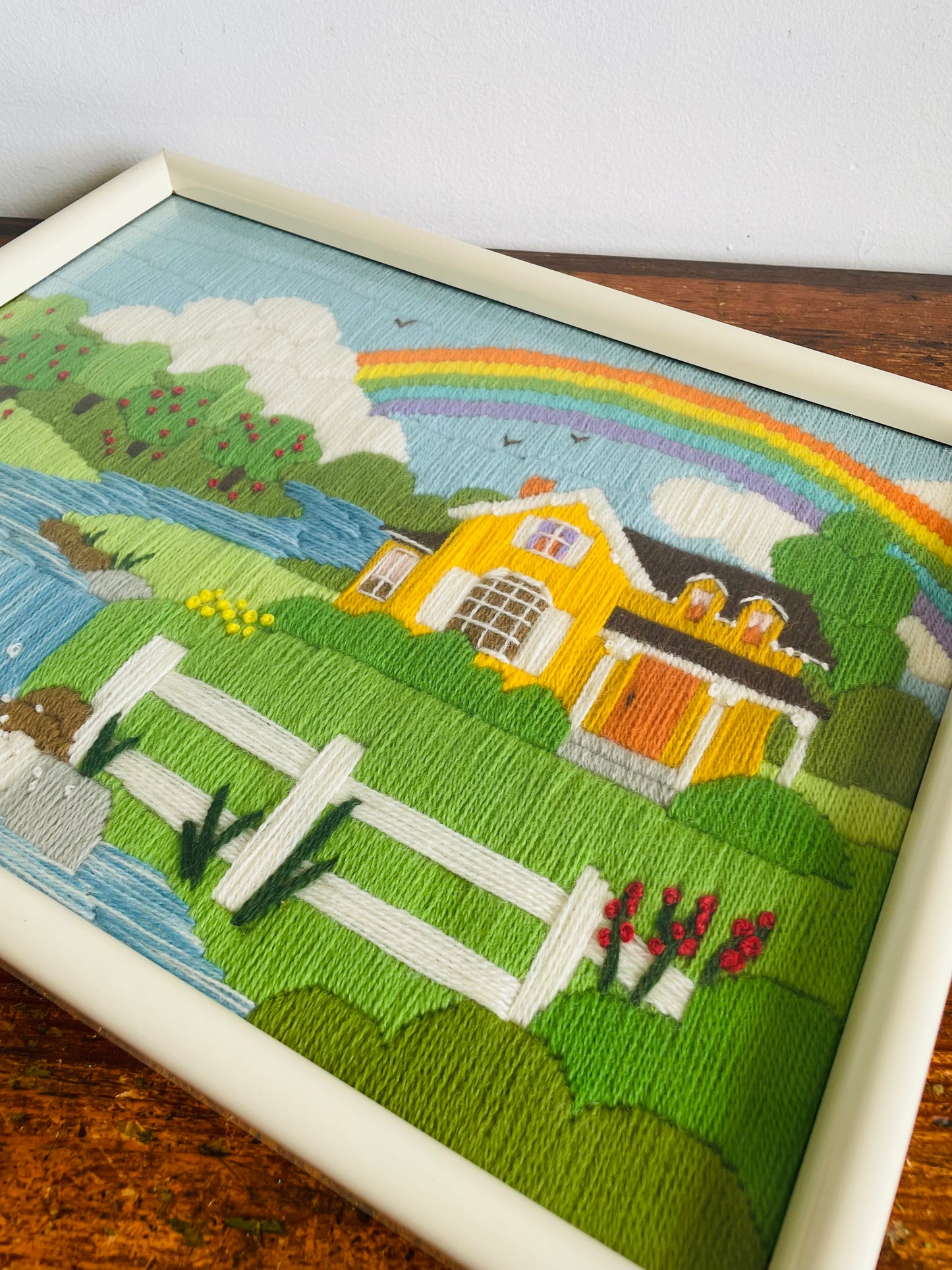 Vintage Absolutely Adorable Cheerful & Bright Crewel Embroidery Picture of Yellow House Under Rainbow - Signed on Back: To Adam Love Mommy & Daddy July 1986