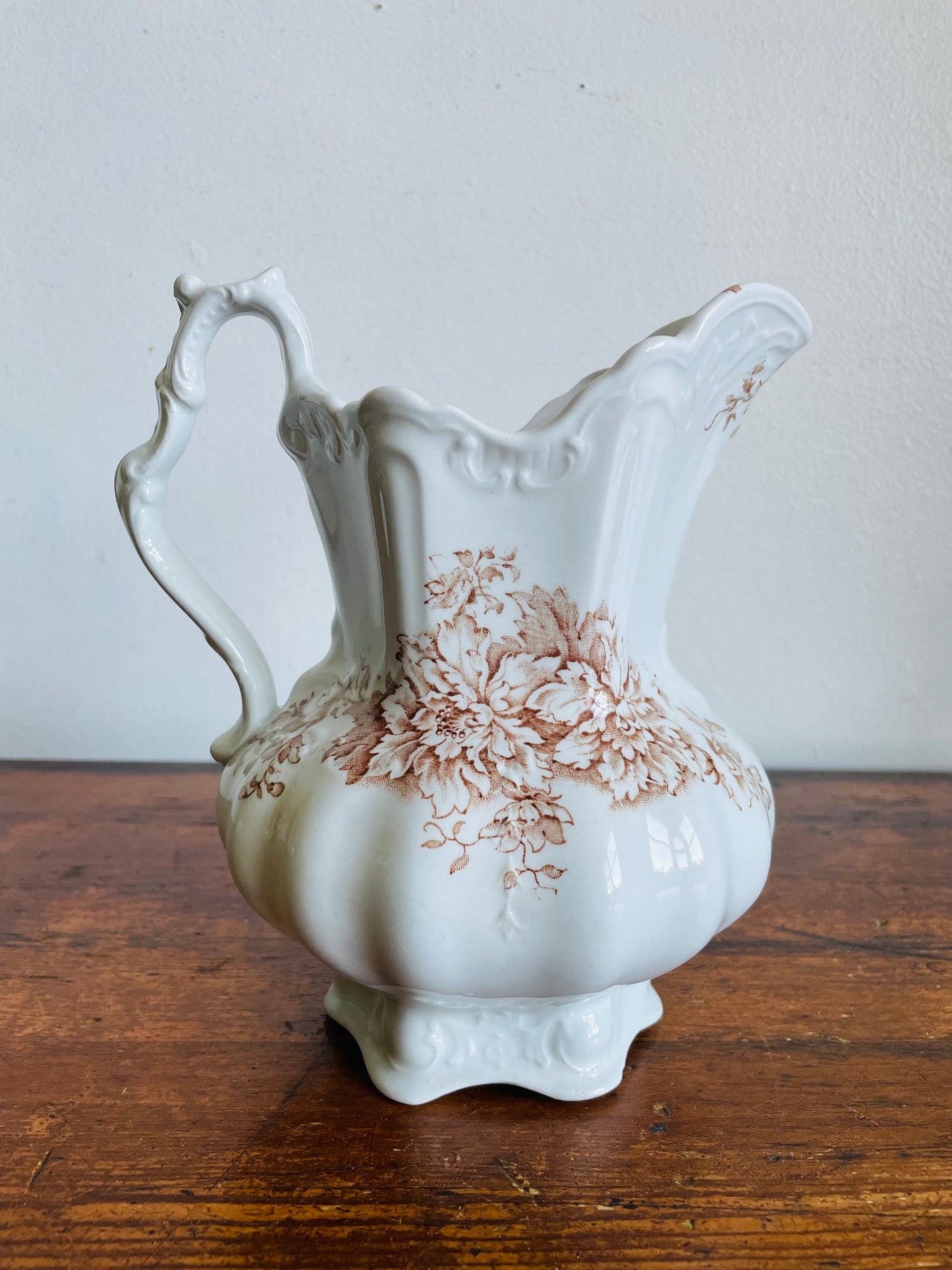 Vintage White & Brown Transferware Vase Pitcher with Ornate & Floral Pattern