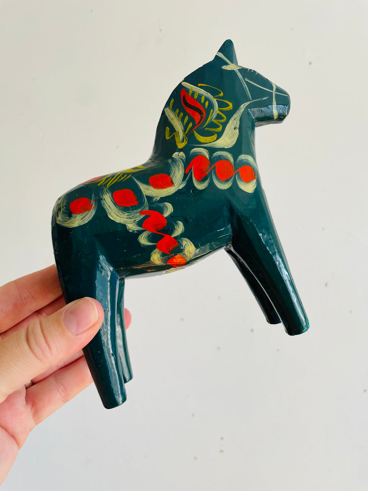 Vintage Swedish Painted Blue & Red Wood Dala Horse Figurine - Nils Olsson Scandinavian Folk Art