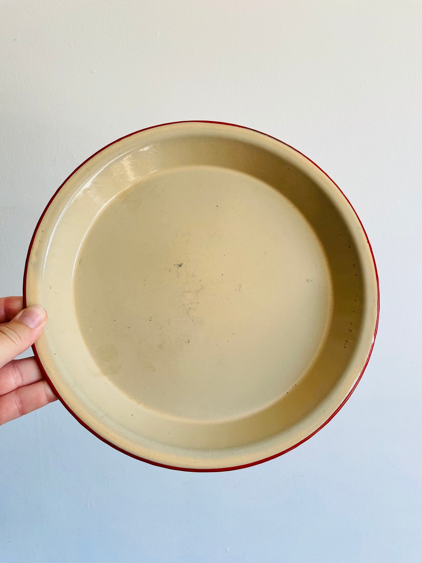 Cream Enamelware 9.75" Shallow Pie Dish or Rimmed Plate with Red Rim