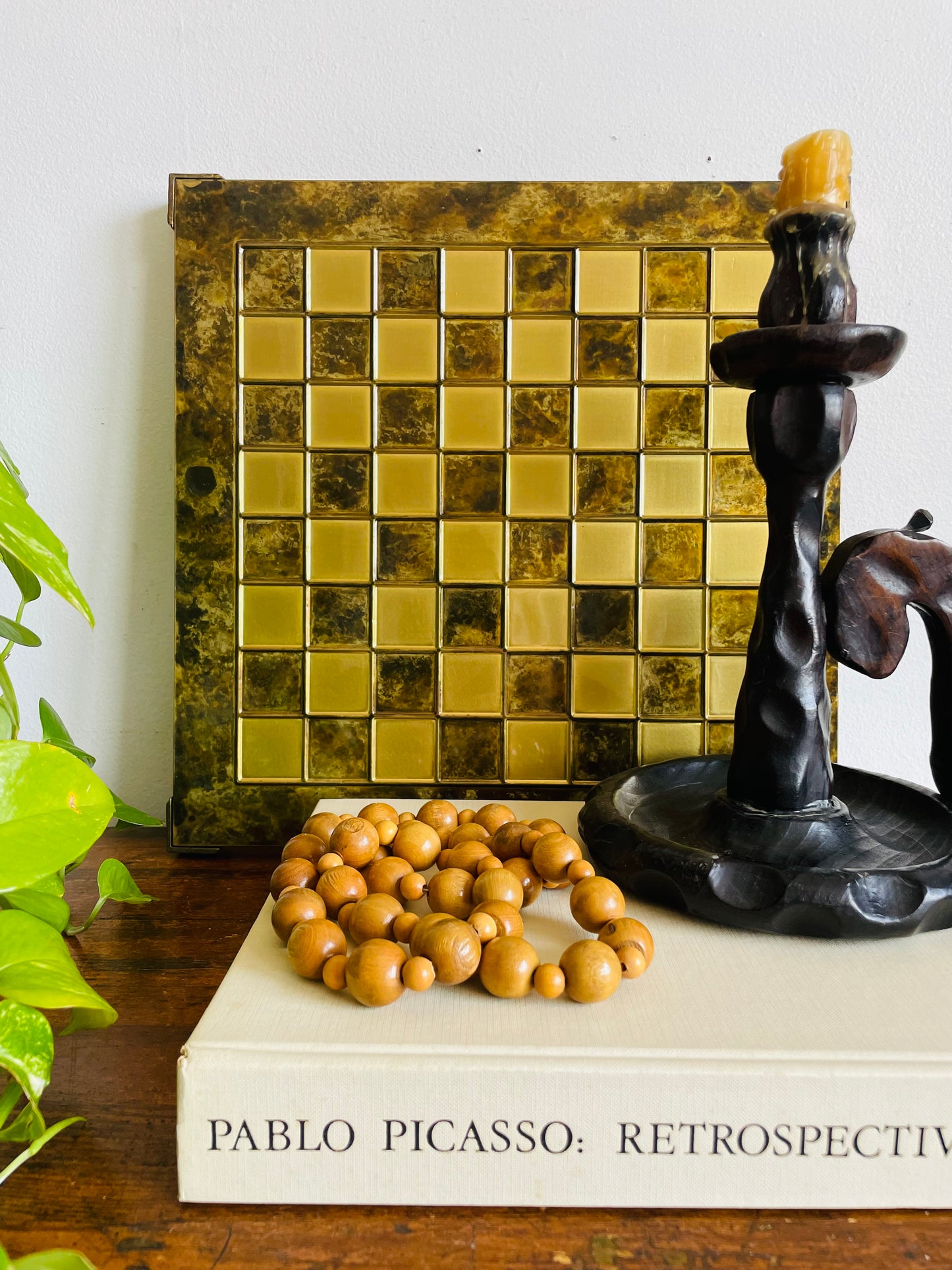 Footed Solid Brass Chessboard with Marbled Design - Great for a Game, Staging, Tray, Background, Etc.