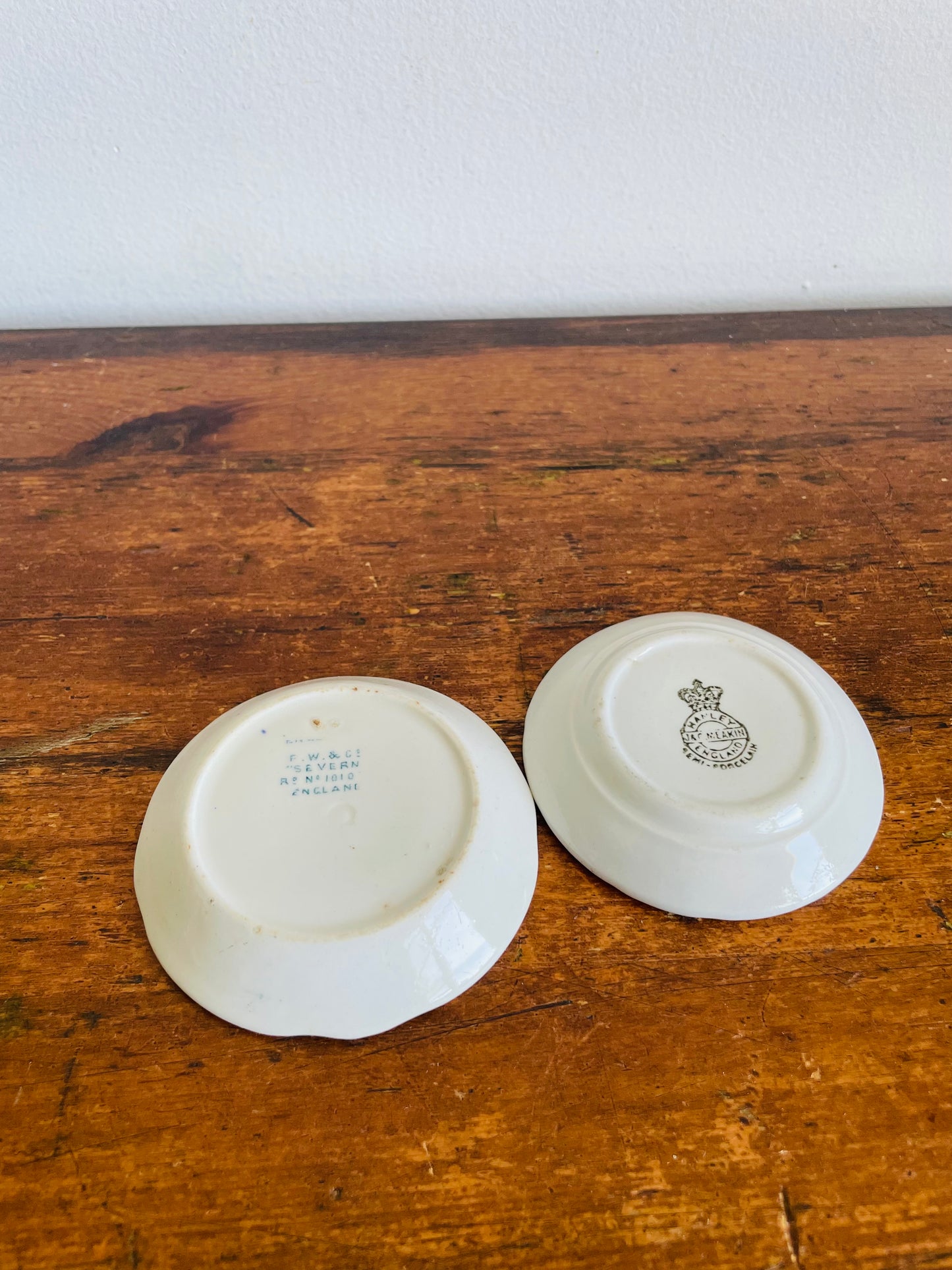 Vintage Miniature White Butter Pat Dishes with Blue Floral Design - Made in England - Set of 2