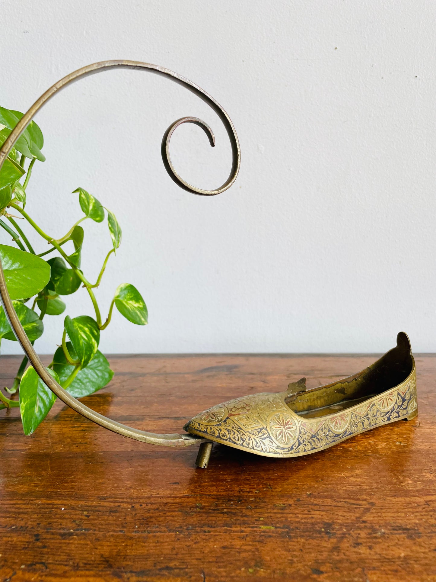 Vintage Brass Indian Slipper Shoe Trinket Dish with Etched Enamel Design & Ornate Details