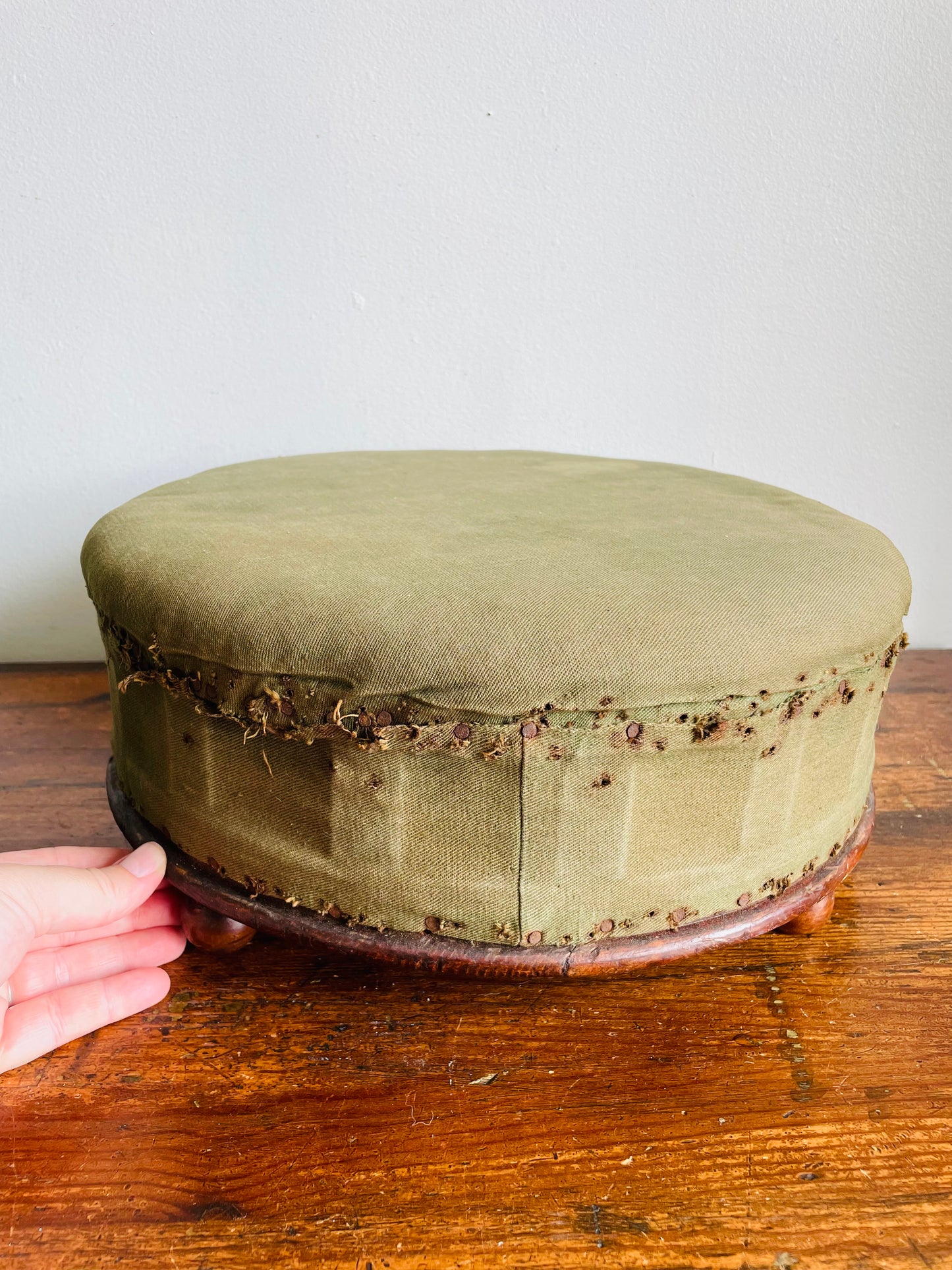 Antique Round Green Straw Stuffed Footstool with Solid Wood Base & Knob Feet