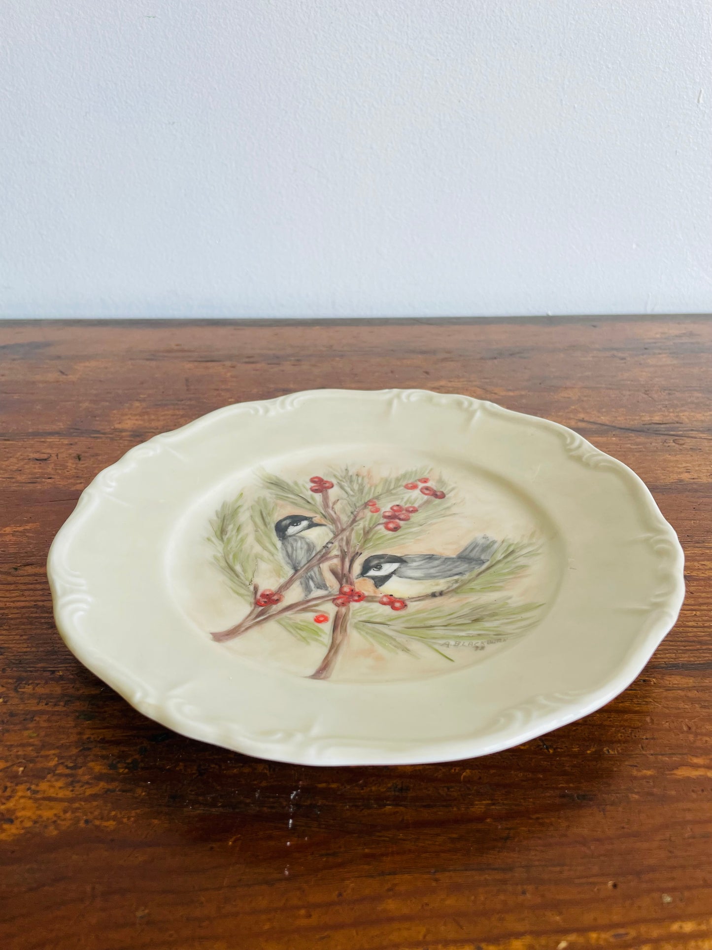 Edelstein Bavaria Maria-Theresia Germany Plate - Hand Painted with Chickadee Bird Winter Scene by A. Blackburn in 1978