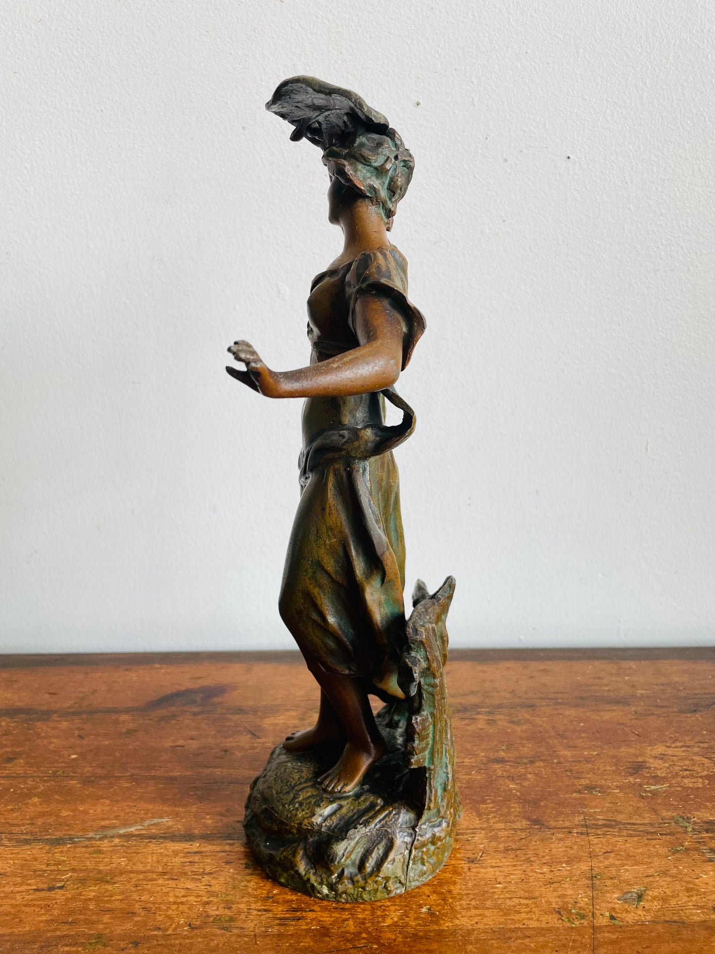 Vintage Art Nouveau Spelter Zinc Sculpture Statue with Bronze Patina - Playful Woman in Dress Frolicking with Leaf - Auguste Moreau Style - Please Read Note