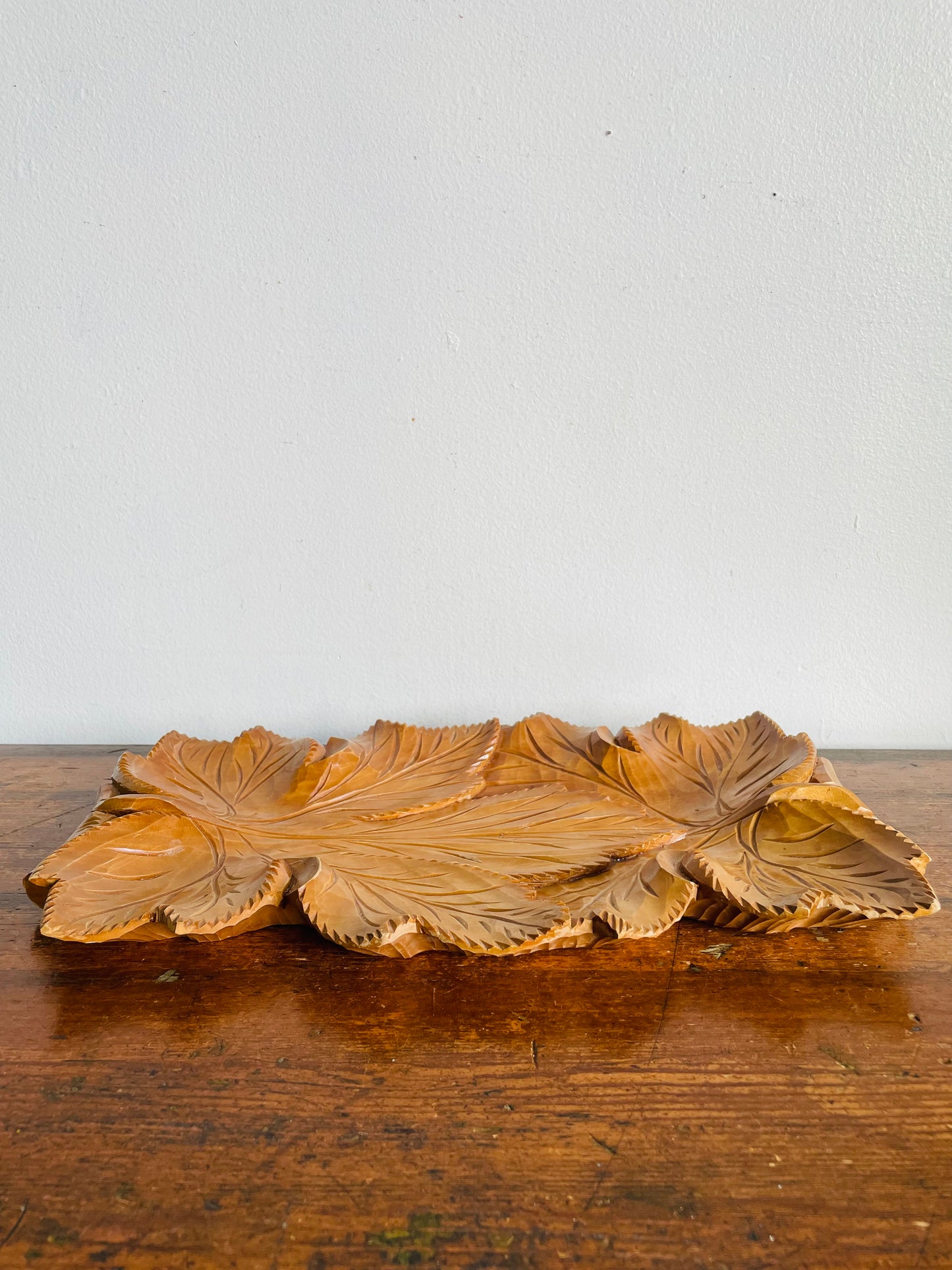 Vintage Gorgeous Carved Wood Tray with Leaf Design & Handles - Can Hang or Lay Flat