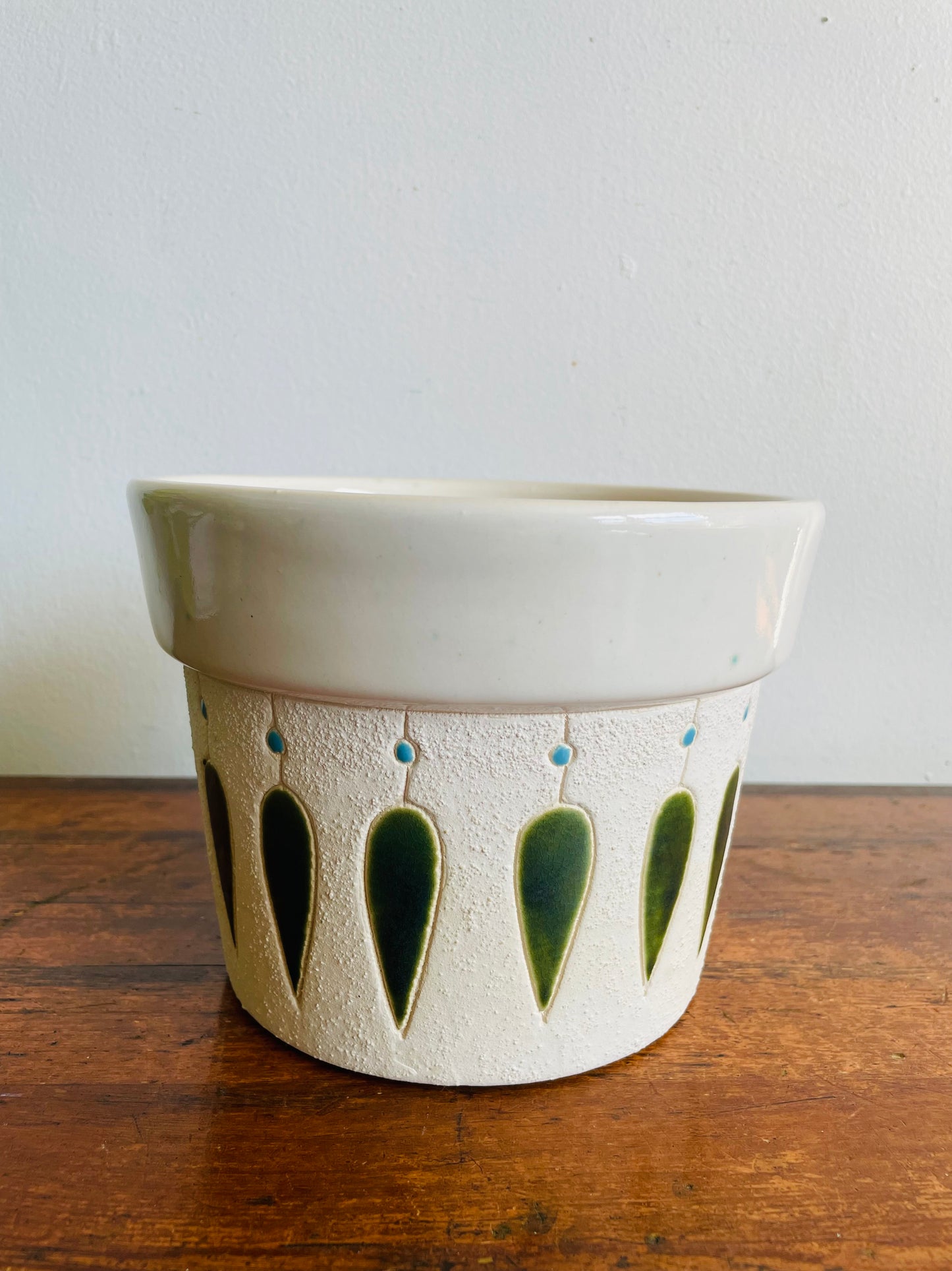 Vintage Mid-Century Modern 7" Textured White Planter Pot with Green & Blue Design