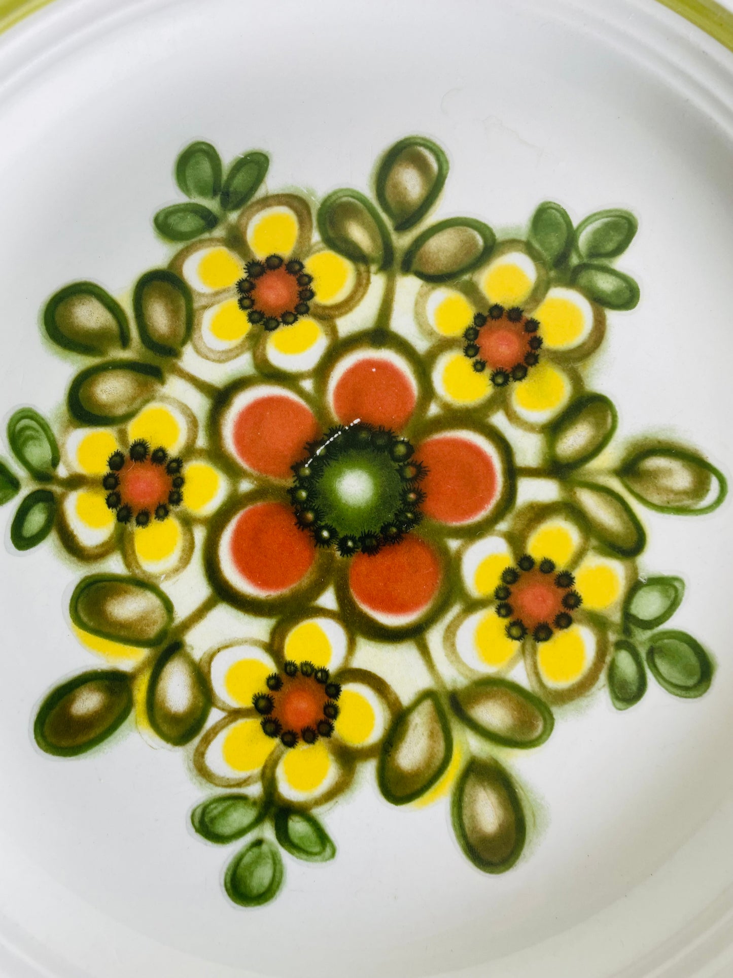 Vintage 10" Dinner Plates with Groovy Orange, Yellow & Green Flower Power Pattern - Set of 8 -  Made in England