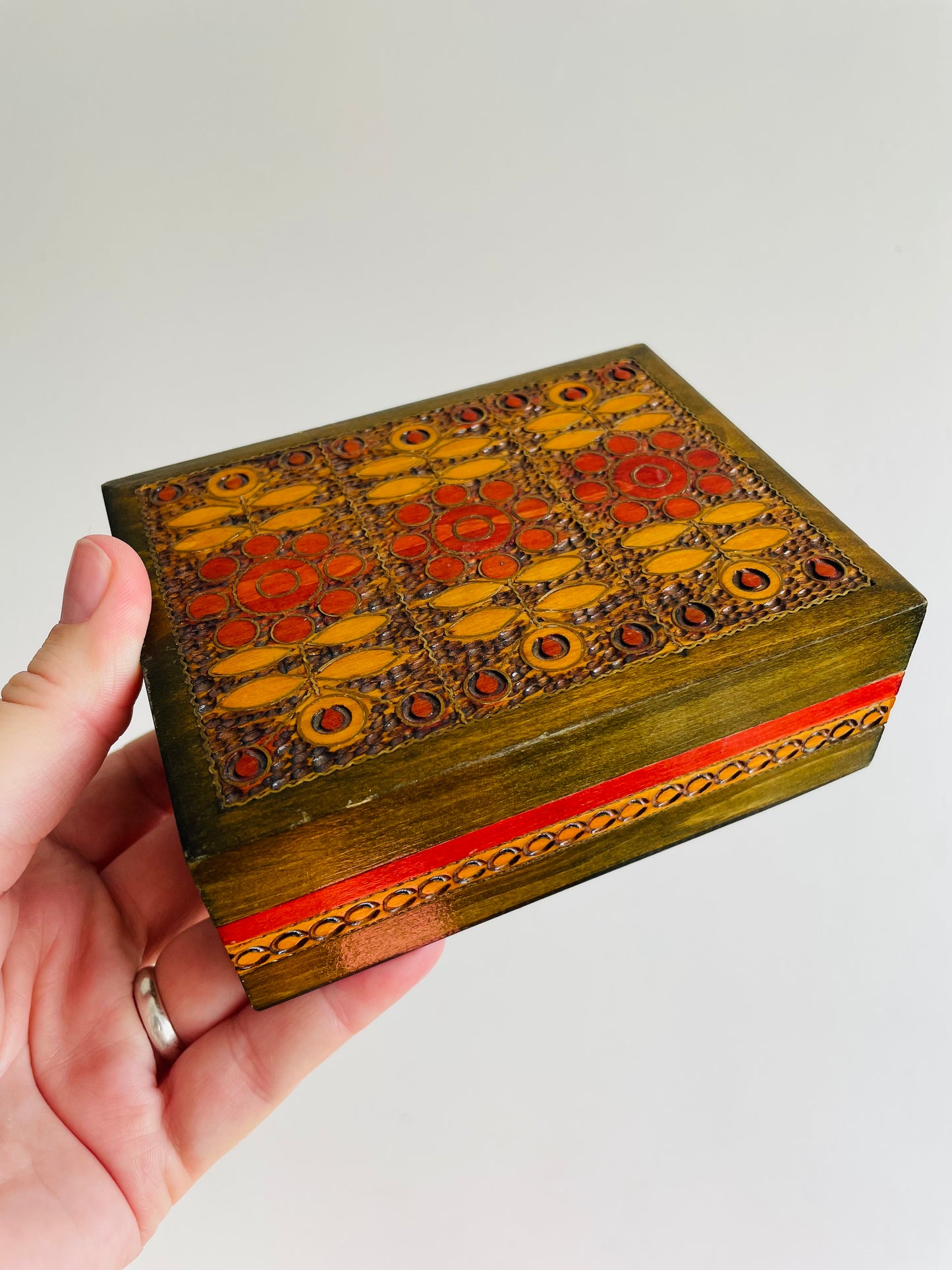 Carved Wood Trinket Box with Hinged Lid & Floral Design - Made in Poland - Great for Holding Card Decks!