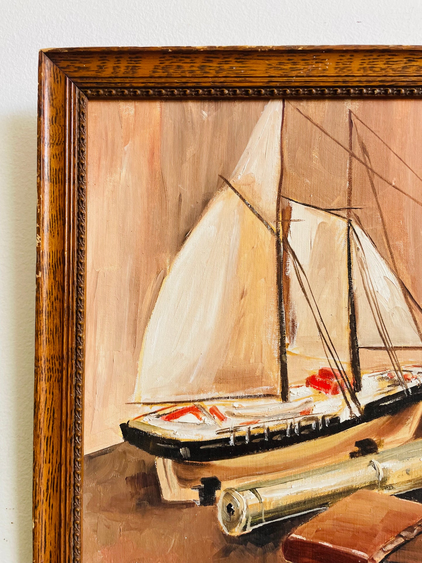 Vintage 1961 Original Art Nautical Still Life Painting Picture of Ship Captain Equipment - Artist Signed Anne Davies from Moncton, New Brunswick