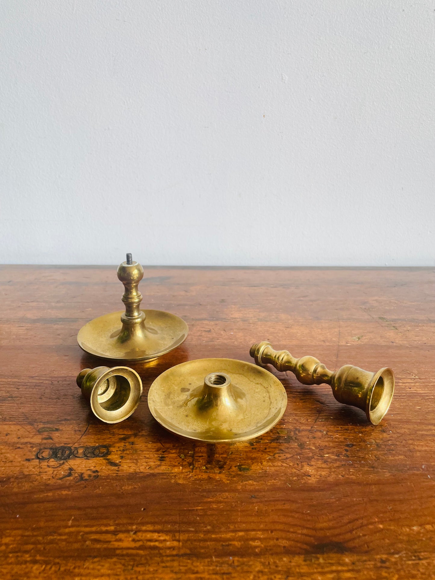 Vintage Heavy & Solid Brass Candle Holders with Spindle Shape & Curved Bases - Can Unscrew - Set of 2