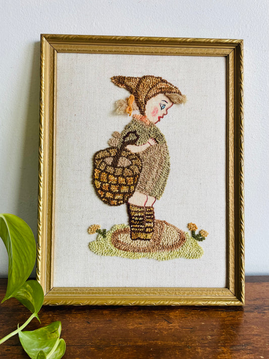 Woodland Forager Girl Rug Hook Embroidery Picture - October 1979