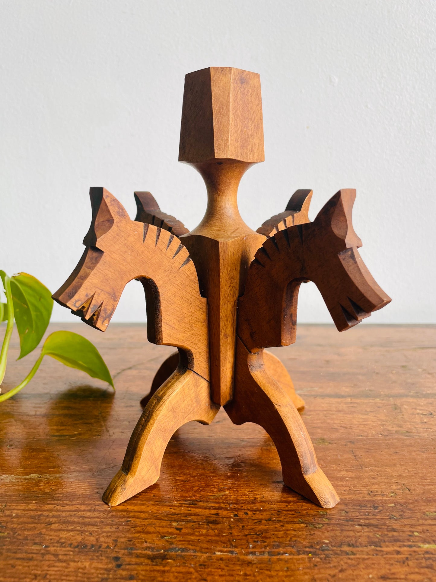 Vintage Swedish Odinstake Wood Candle Holder with Interlocking Puzzle Horse Figurines by Bertil Johansson - Sparlösa Sweden