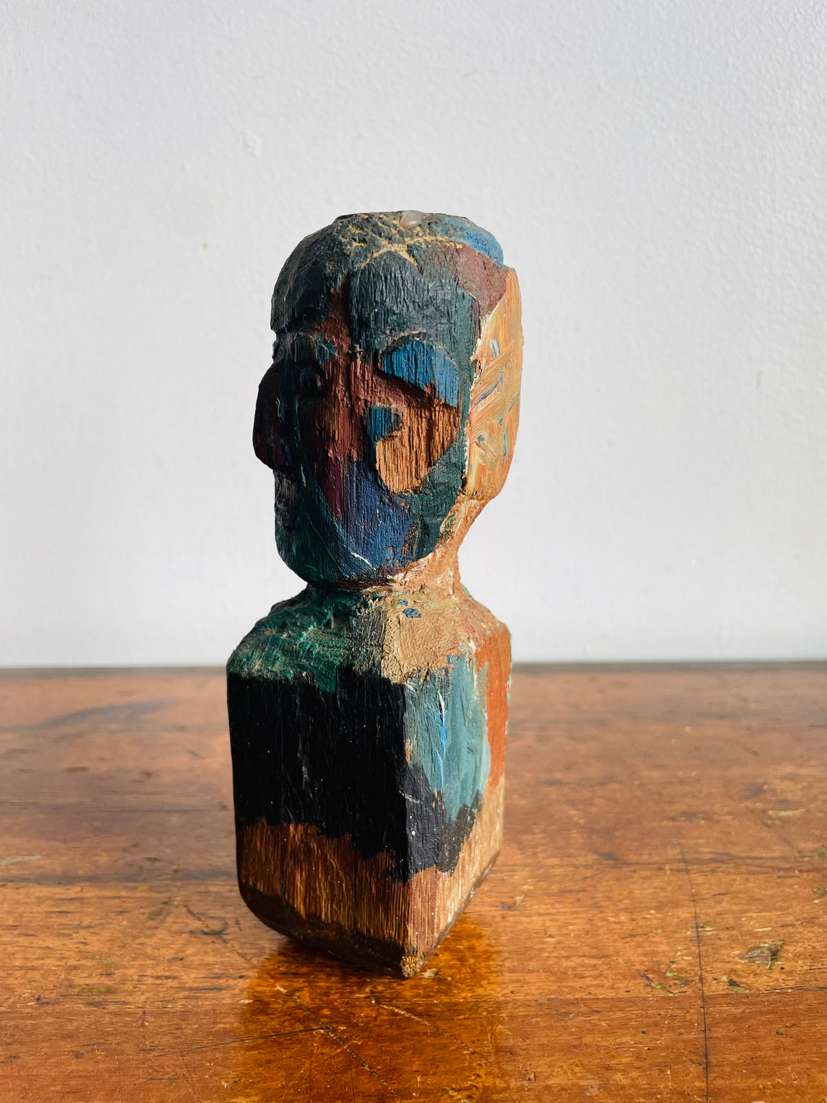Vintage Hand Carved & Painted Wood Sculptural Head Figure Candle Holder - Found in the Workshop of Fort Erie Artist Estate