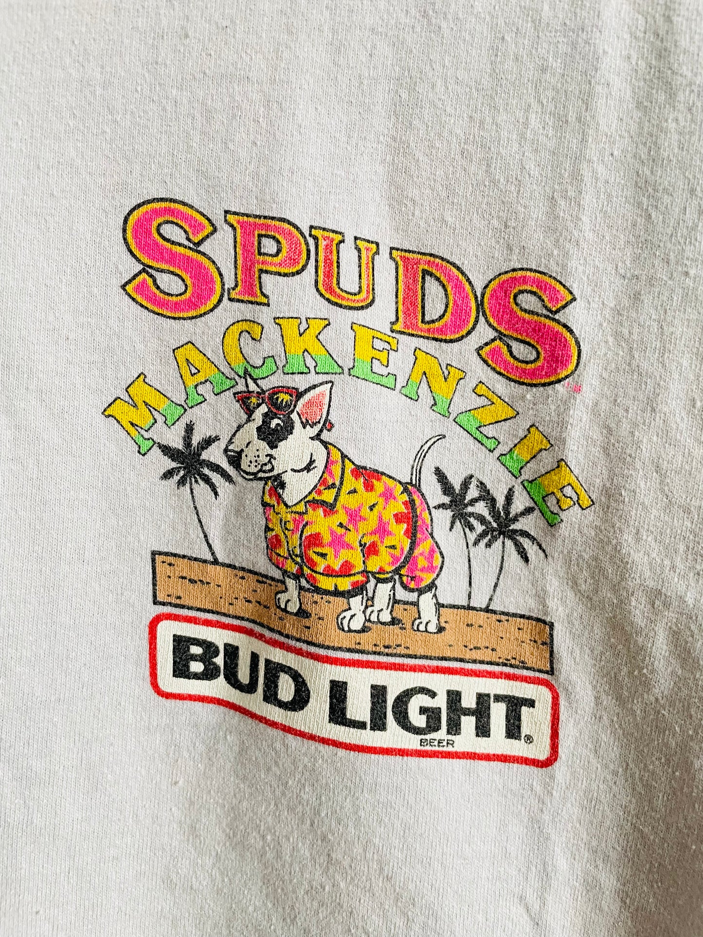 Vintage 1986 Spuds Mackenzie Bud Light Beer - The Original Party Animal T-Shirt - Tropical Surfing Bull Terrier Dog