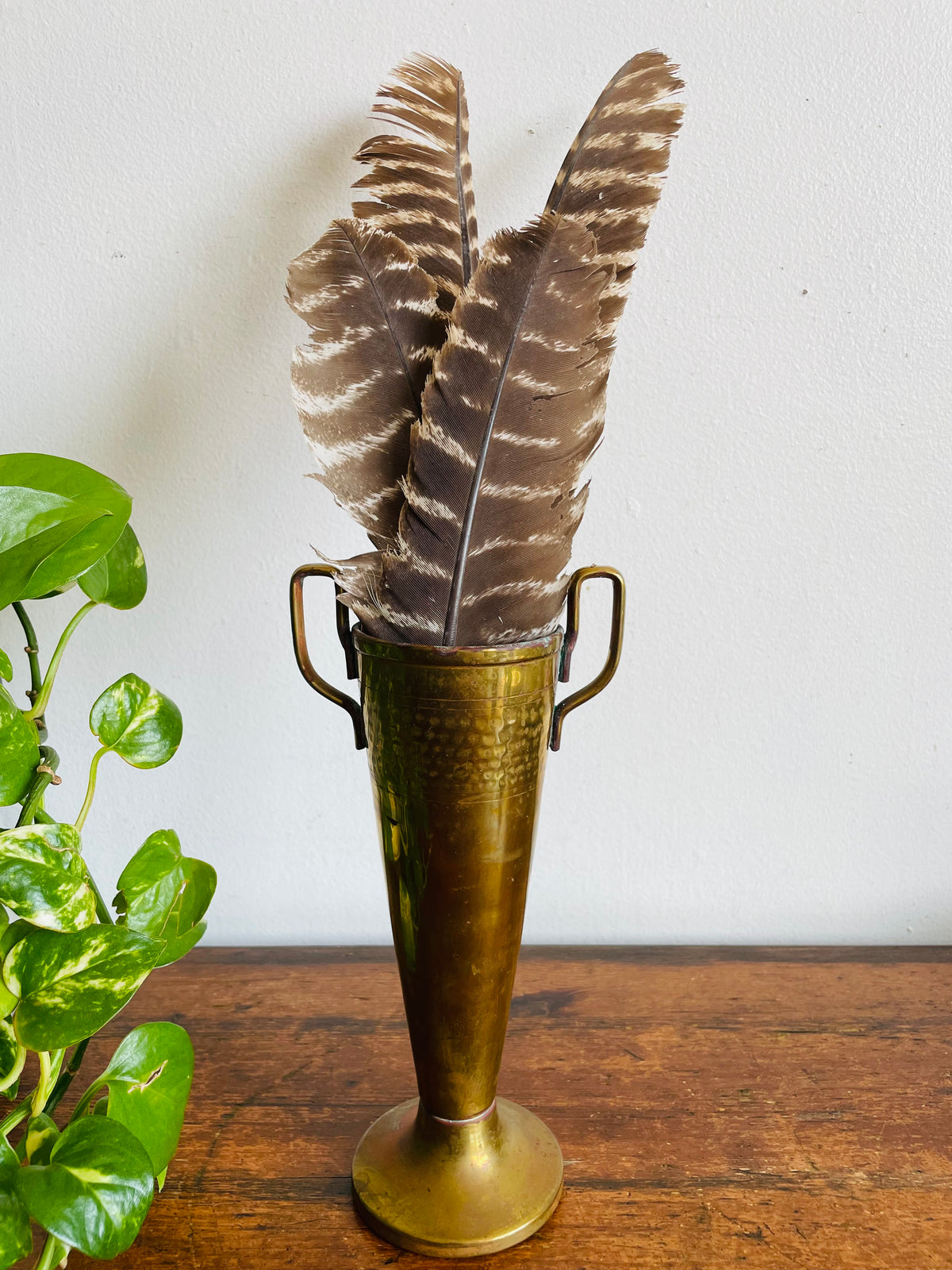 Vintage Brass Trophy Cup-Style Vase with Sand-Filled Base, Twin Handles & Aged Patina - Flowers, Feathers, Long Matches, Incense