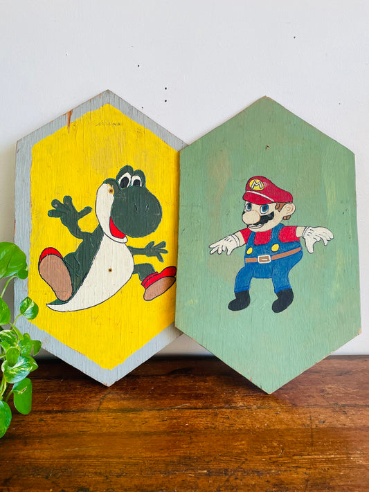 Vintage Handmade Mario & Yoshi Wood Toy Shields - Set of 2 - One of a Kind Super Nintendo Nostalgic Wall Decor or Toys